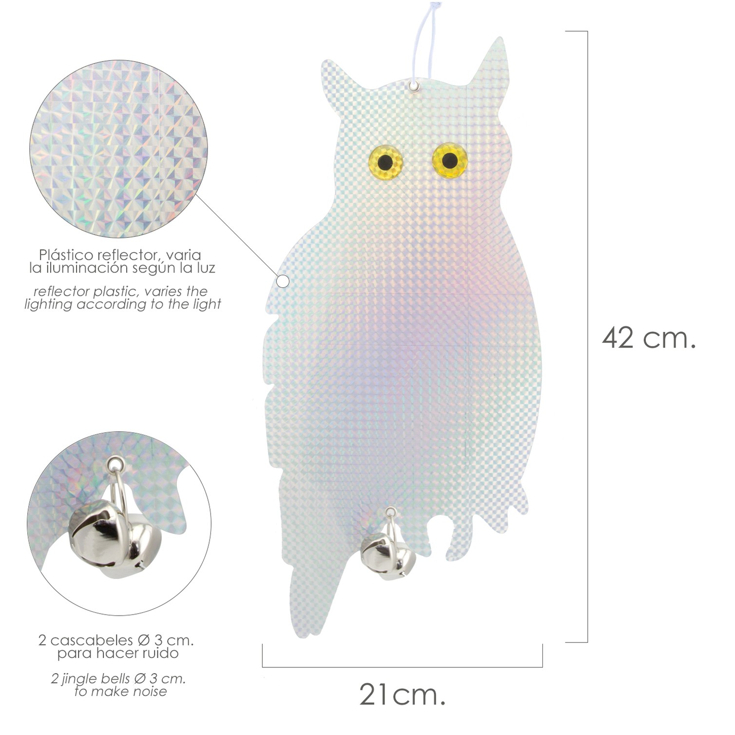Buho Espantapajaros Reflectante Para Colgar Con 2 Cascabeles (2 Piezas)