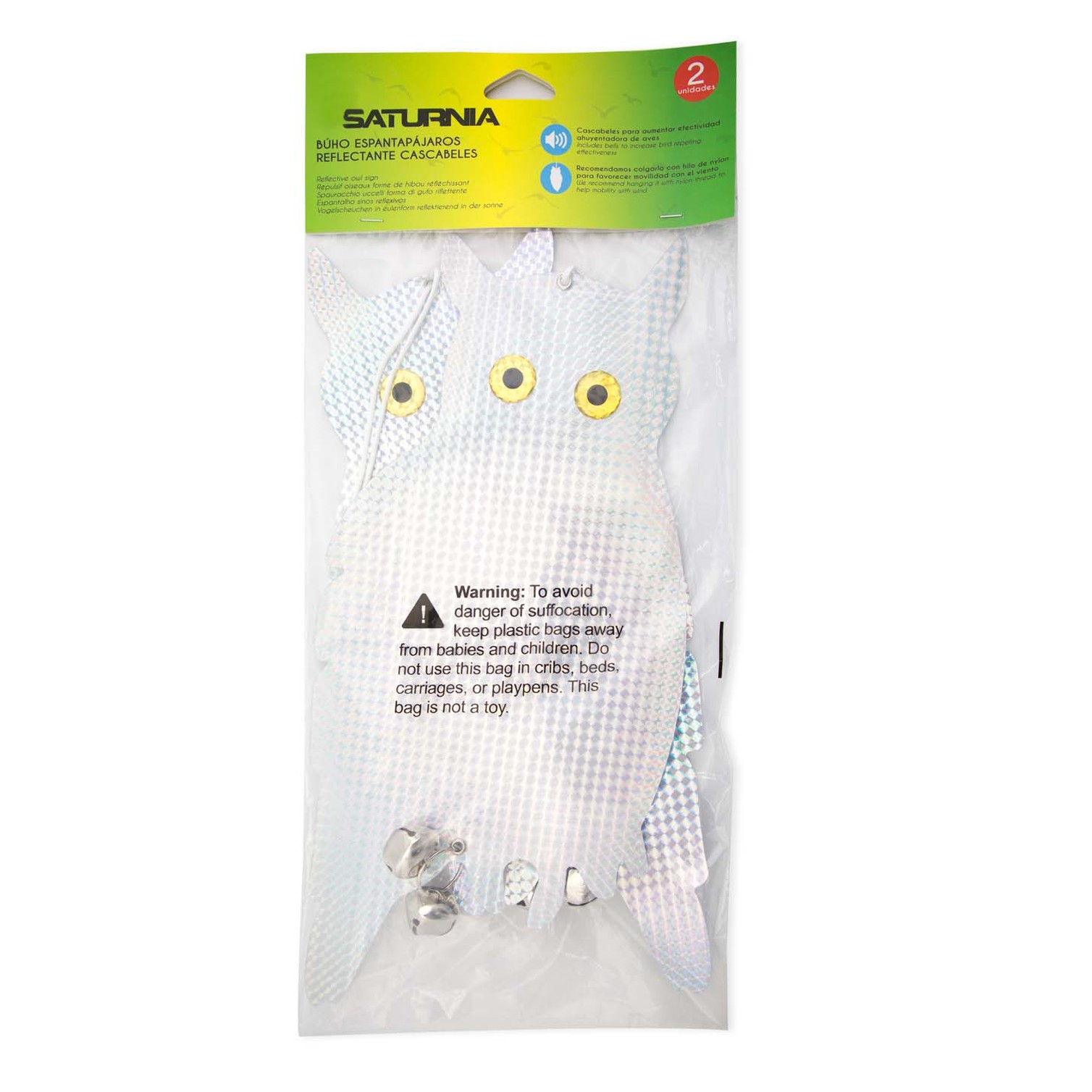 Buho Espantapajaros Reflectante Para Colgar Con 2 Cascabeles (2 Piezas)