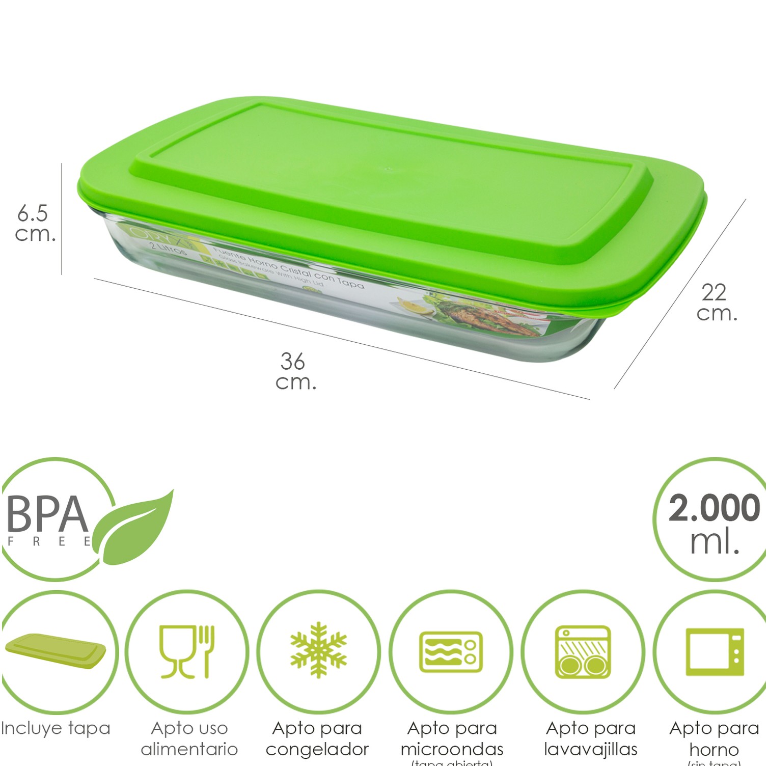 Fuente Cristal Rectangular Con Tapa 2 Litros 36 x 22 x 6.5 (Alt) cm.