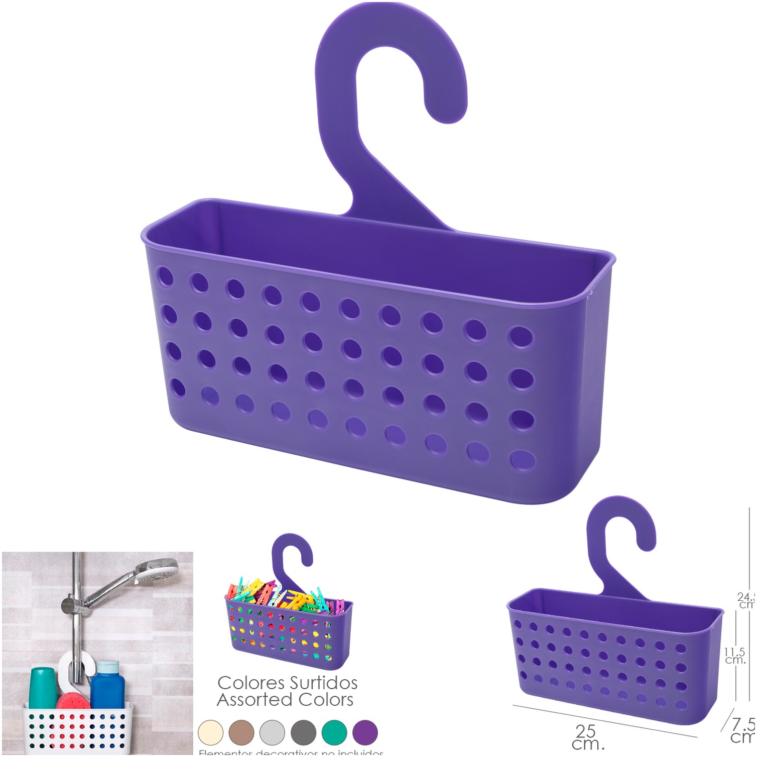 Cesta Plastico Multiusos (Pinzas / Duchas) Con Colgador Colores Surtidos