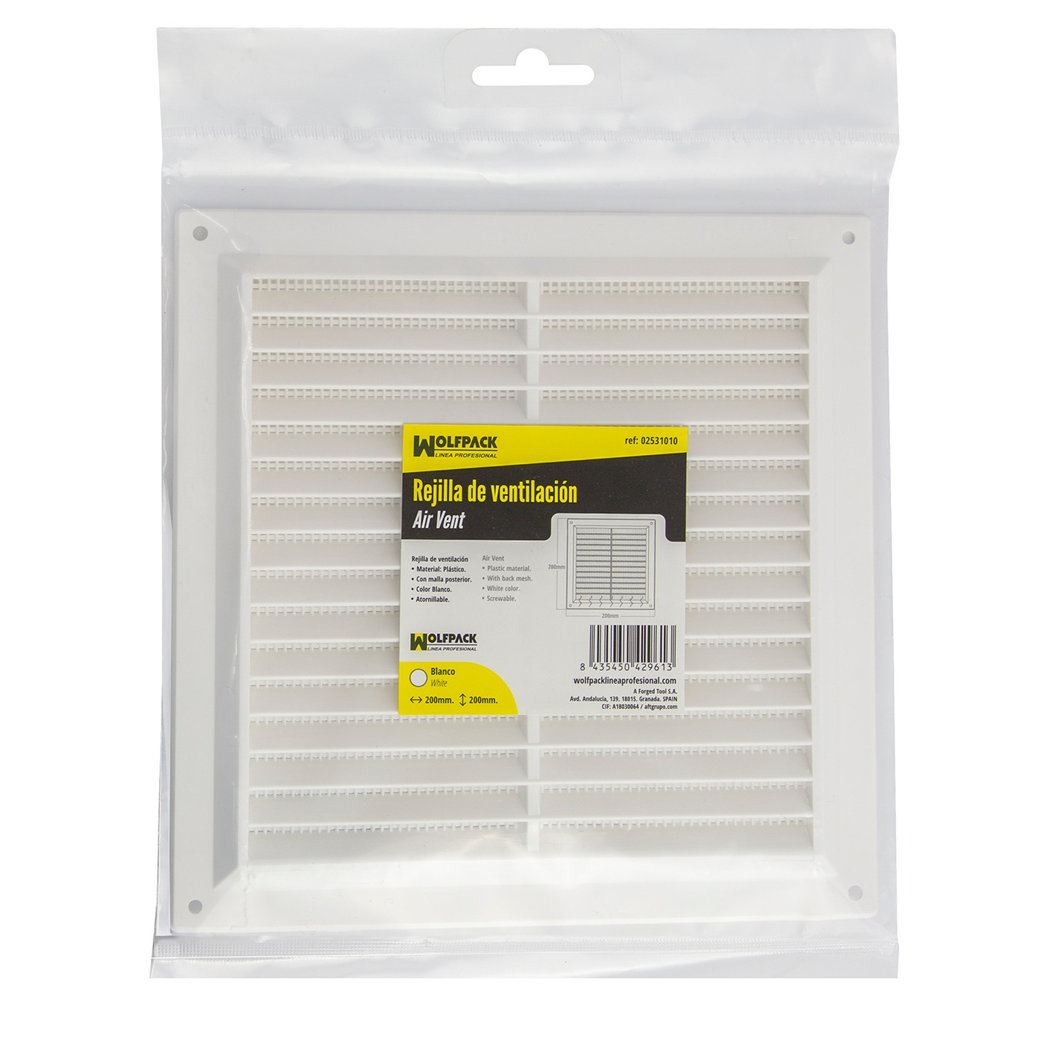 Rejilla Plastico Sobreponer Con Malla Posterior 20x20 cm.