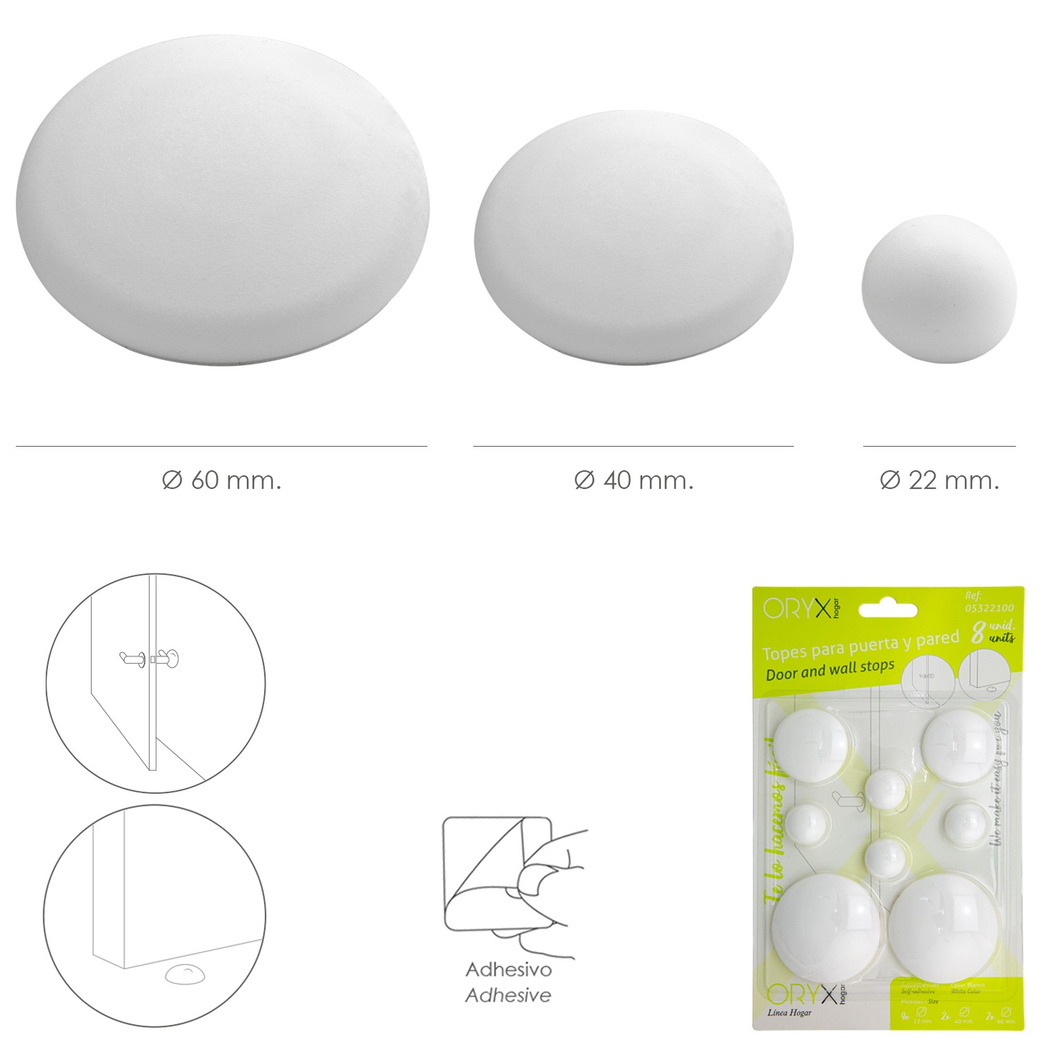 Topes Adhesivos para Paredes / Puertas / Ventanas / Mobiliario 2 x Ø 60 mm. / 2 x 40 mm. / 4 x 22 mm. (Blister 8 piezas)