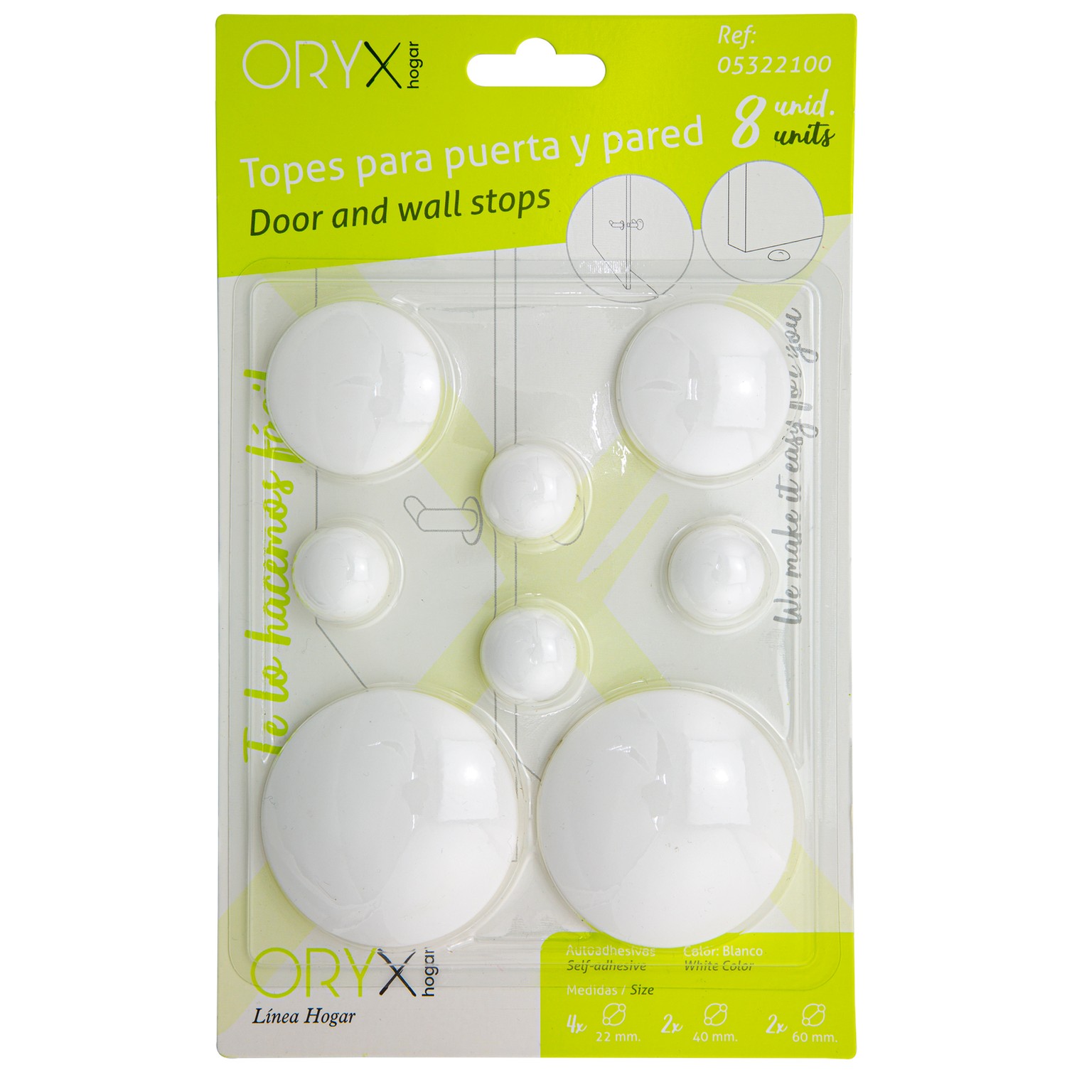 Topes Adhesivos para Paredes / Puertas / Ventanas / Mobiliario 2 x Ø 60 mm. / 2 x 40 mm. / 4 x 22 mm. (Blister 8 piezas)