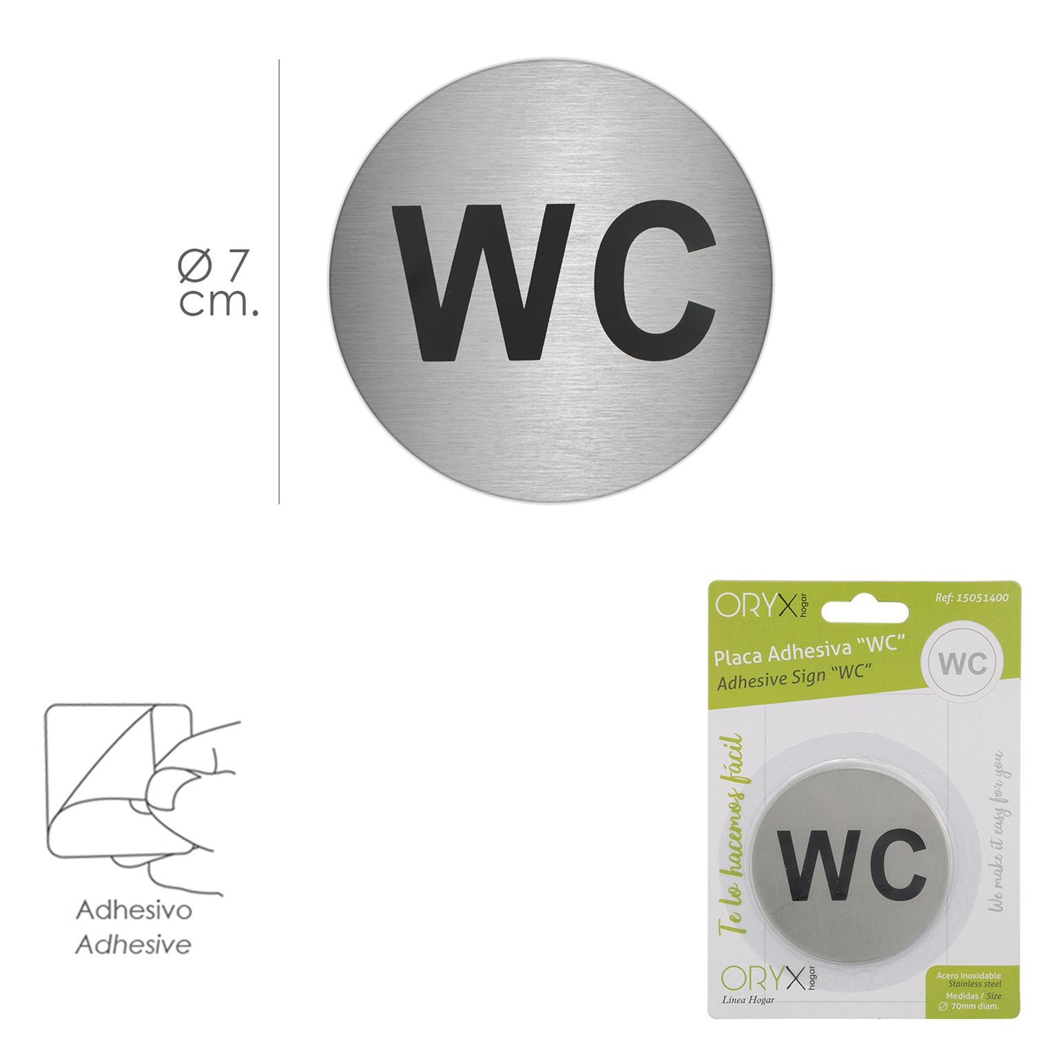 Placa Adhesiva "WC" Acero Inoxidable Ø 7 cm.