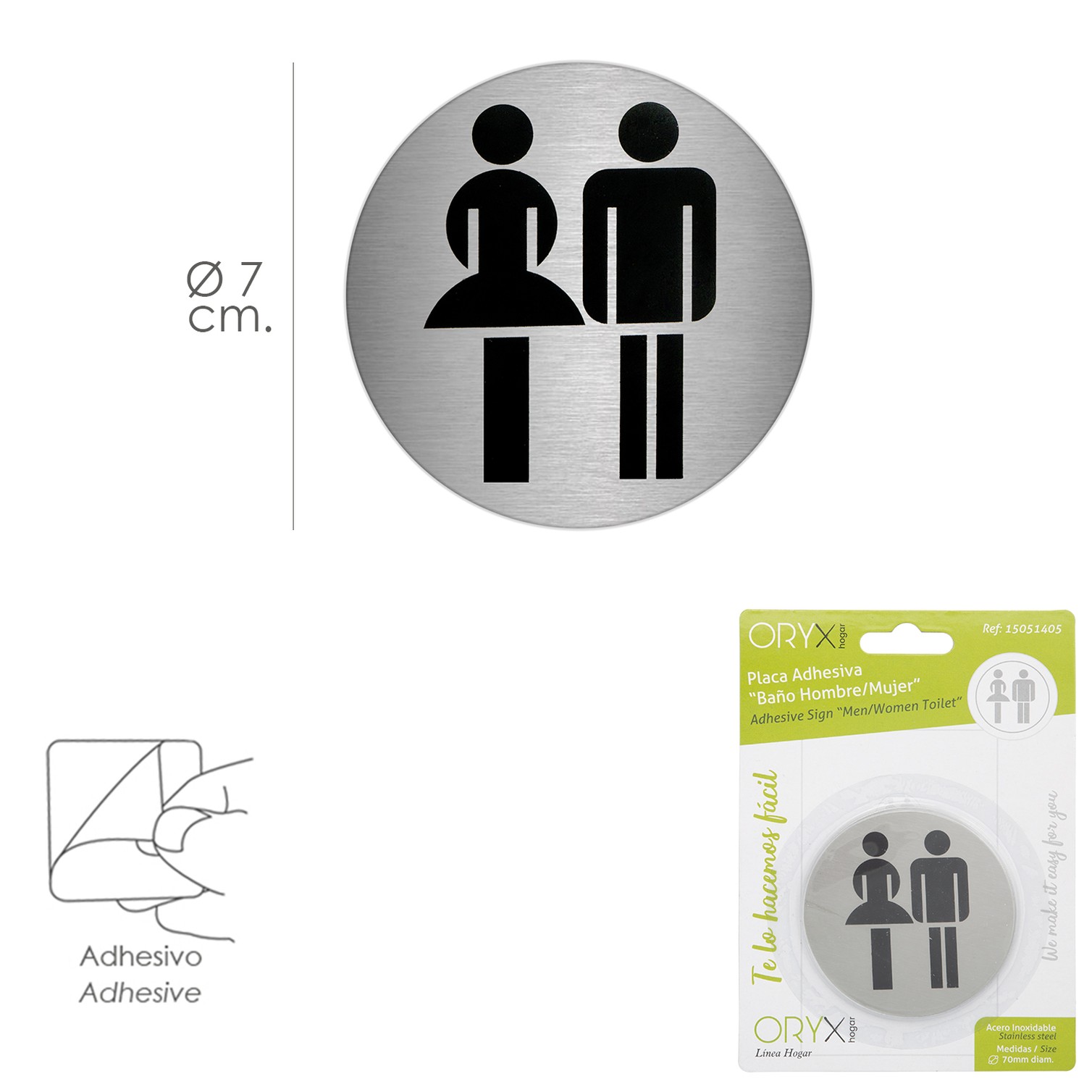 Placa Adhesiva Baño "Mujer / Hombre" Acero Inoxidable Ø 7 cm.