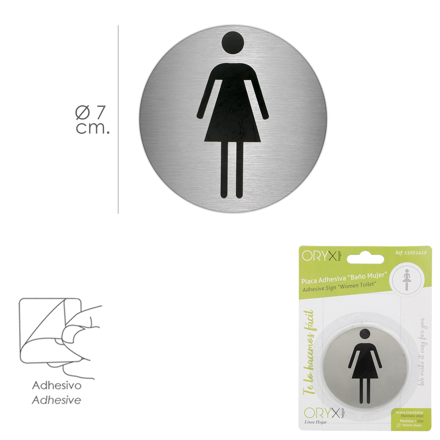 Placa Adhesiva Baño "Mujer" Acero Inoxidable Ø 7 cm.