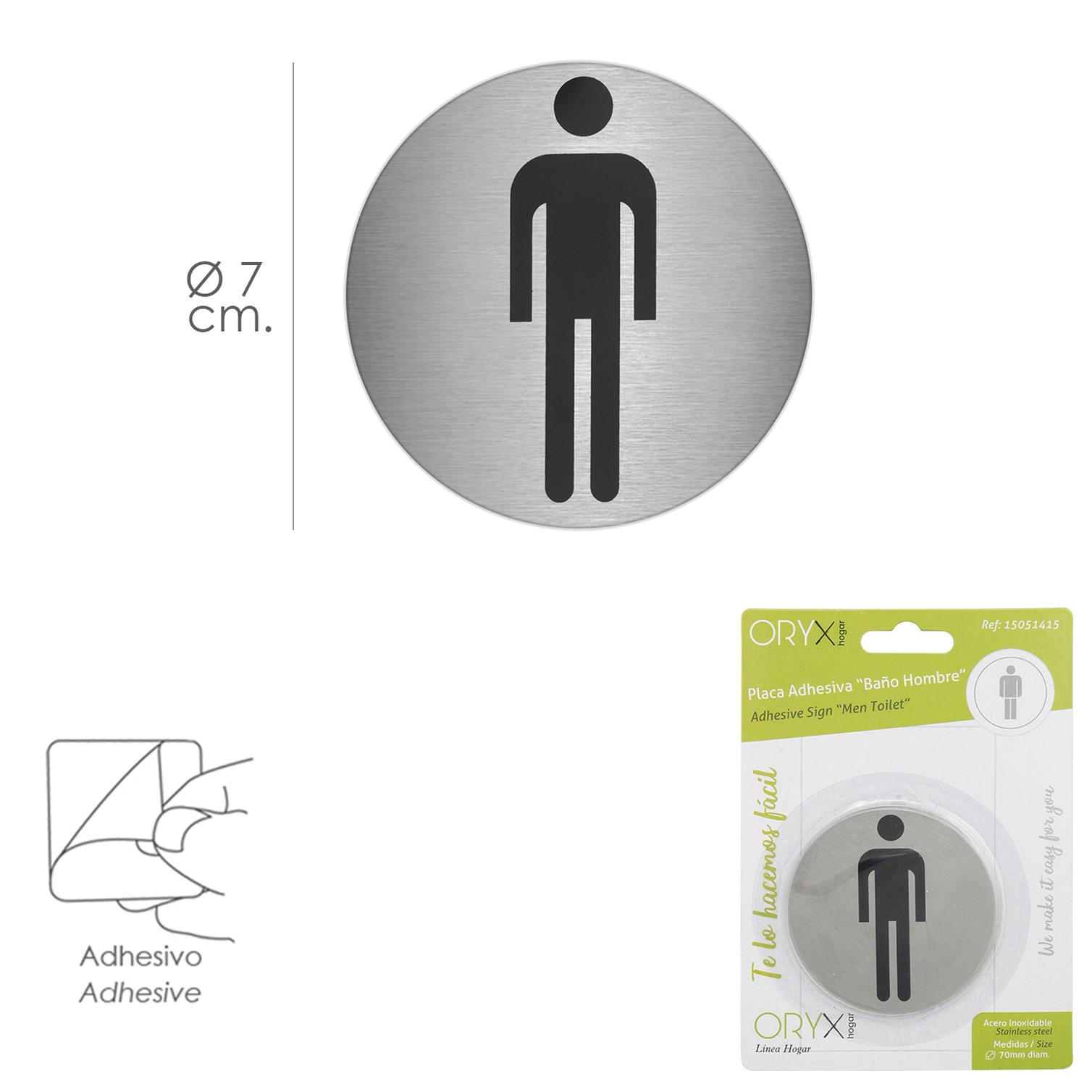 Placa Adhesiva Baño "Hombre" Acero Inoxidable Ø 7 cm.
