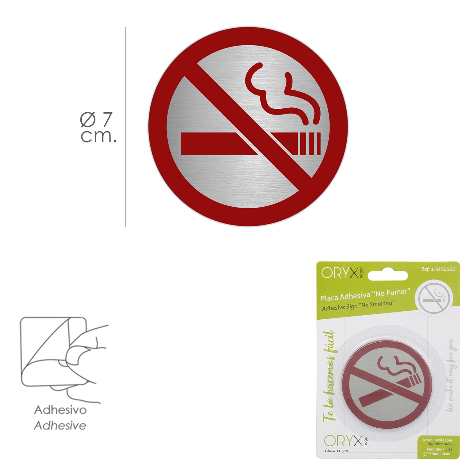 Placa Adhesiva "No Fumar" Acero Inoxidable Ø 7 cm.