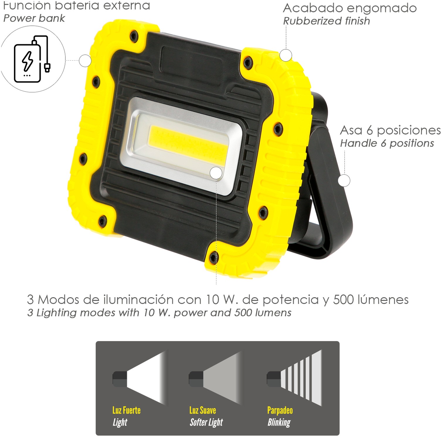 Linterna de Trabajo Led Multifunción Recargable 2.000 mAh. / 10 W. / 500 Lúmenes / 4 Imanes / Bateria Externa / Soporte 180º