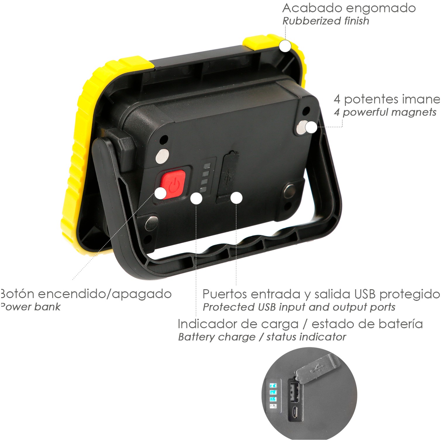 Linterna de Trabajo Led Multifunción Recargable 2.000 mAh. / 10 W. / 500 Lúmenes / 4 Imanes / Bateria Externa / Soporte 180º