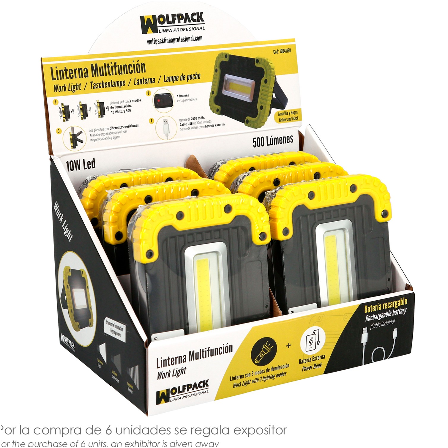 Linterna de Trabajo Led Multifunción Recargable 2.000 mAh. / 10 W. / 500 Lúmenes / 4 Imanes / Bateria Externa / Soporte 180º