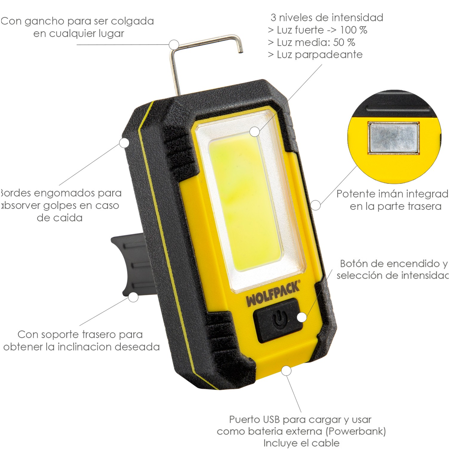 Linterna LED Profesional Compacta Engomada Bateria Recargable 500 Lumenes Con Función Powerbank, Iman, Soporte y Gancho