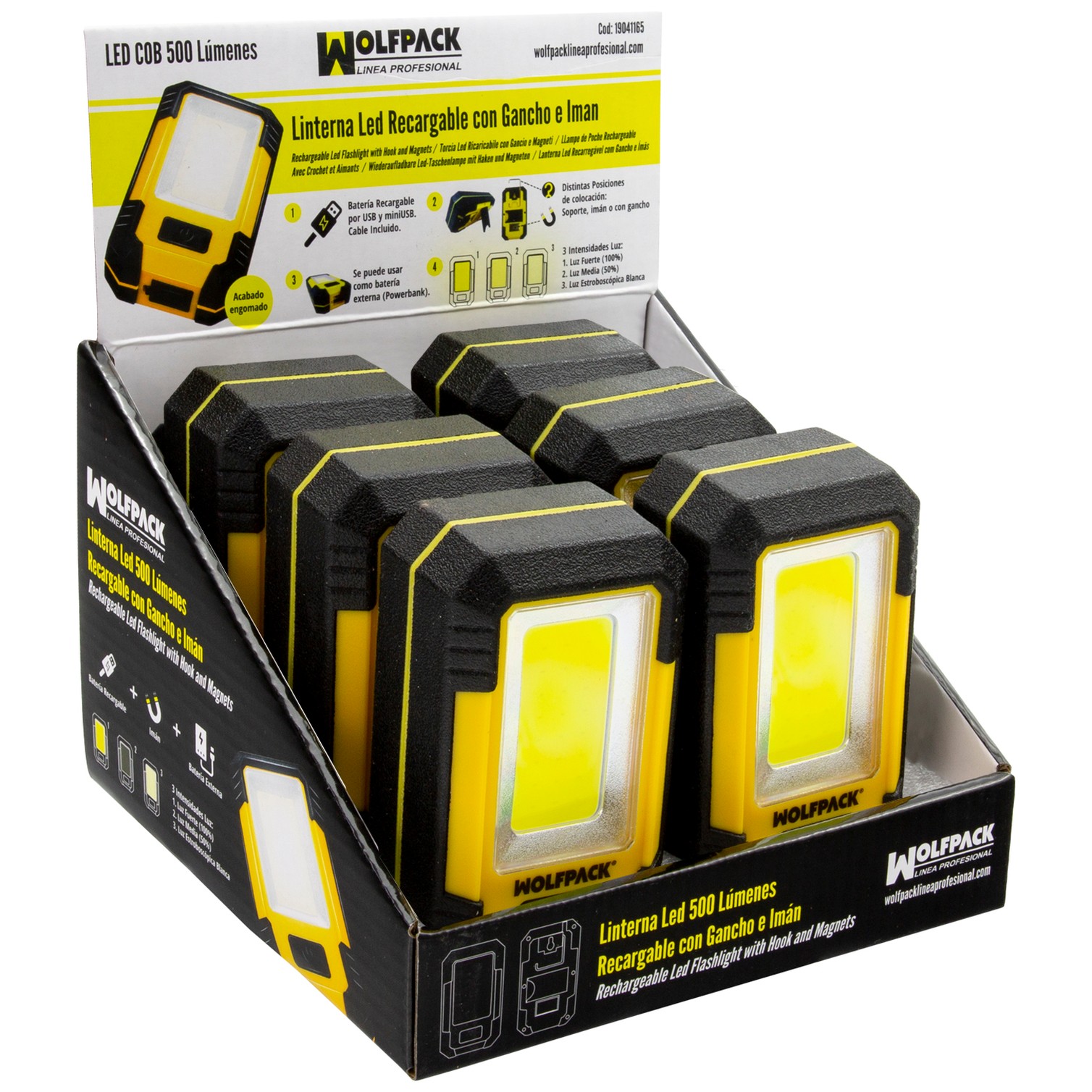 Linterna LED Profesional Compacta Engomada Bateria Recargable 500 Lumenes Con Función Powerbank, Iman, Soporte y Gancho
