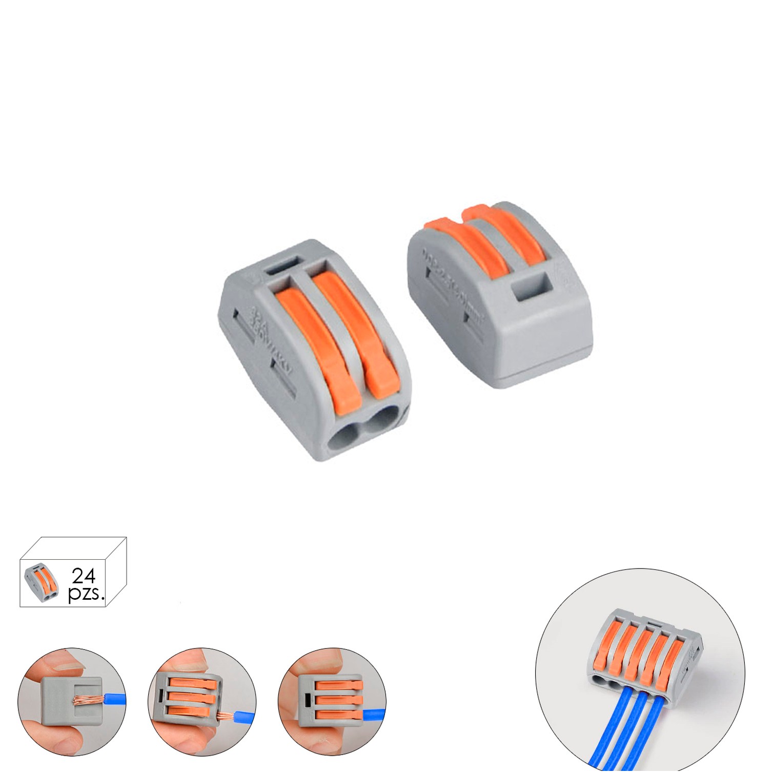 Regleta Conexion Rapida, Conexion Electrica 2 Polos, Ø 4 mm. 32 A, Paquete 24 Unidades