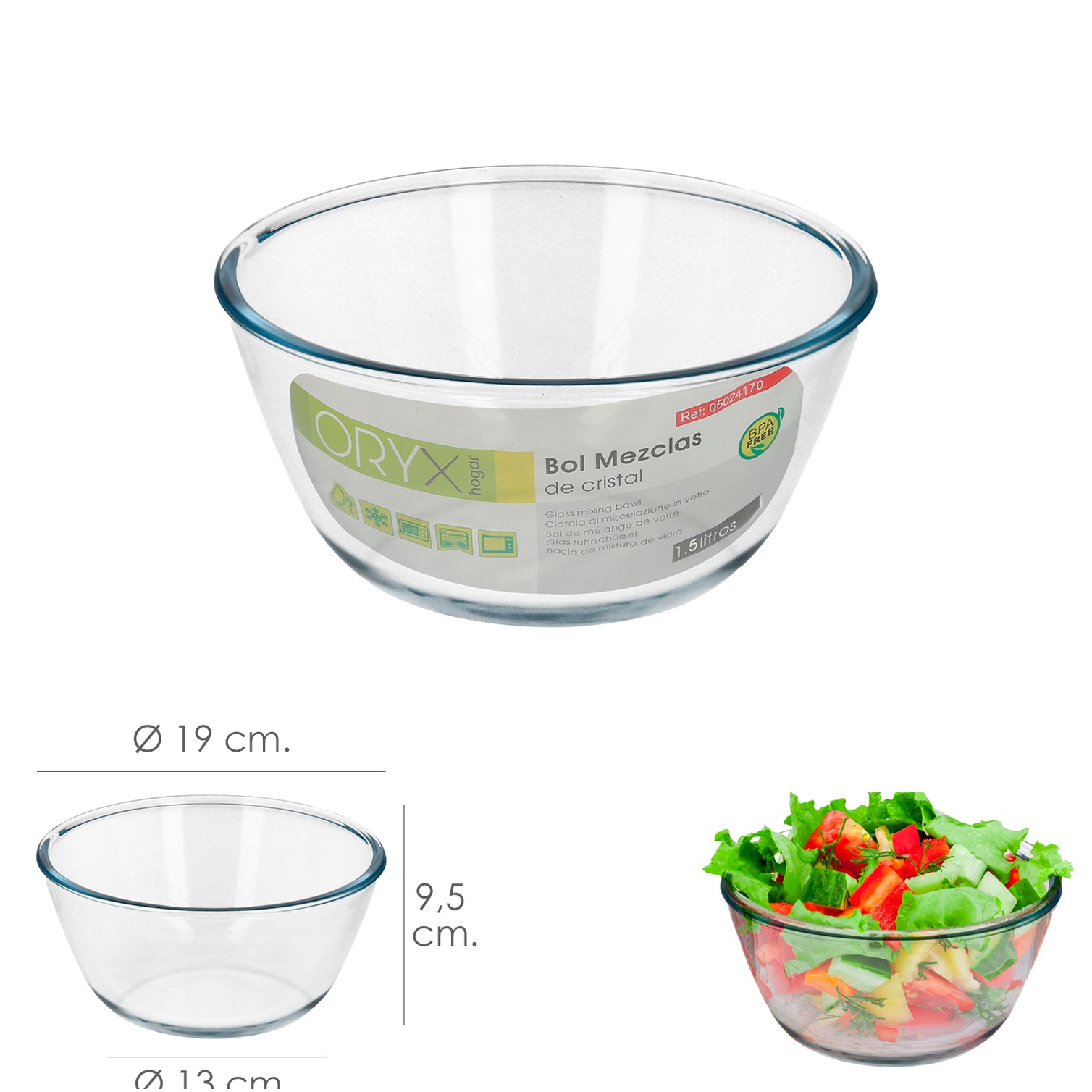 Bol De Cristal, Ideal Para Mezclas. 1.5 Litros. Libre BPA, Cristal De Borosilicato.Ensaladas, Postres, Cocina, Resposteria