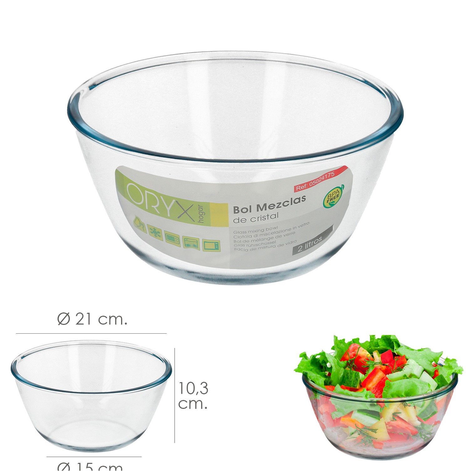 Bol De Cristal, Ideal Para Mezclas. 2.0 Litros. Libre BPA, Cristal De Borosilicato.Ensaladas, Postres, Cocina, Resposteria