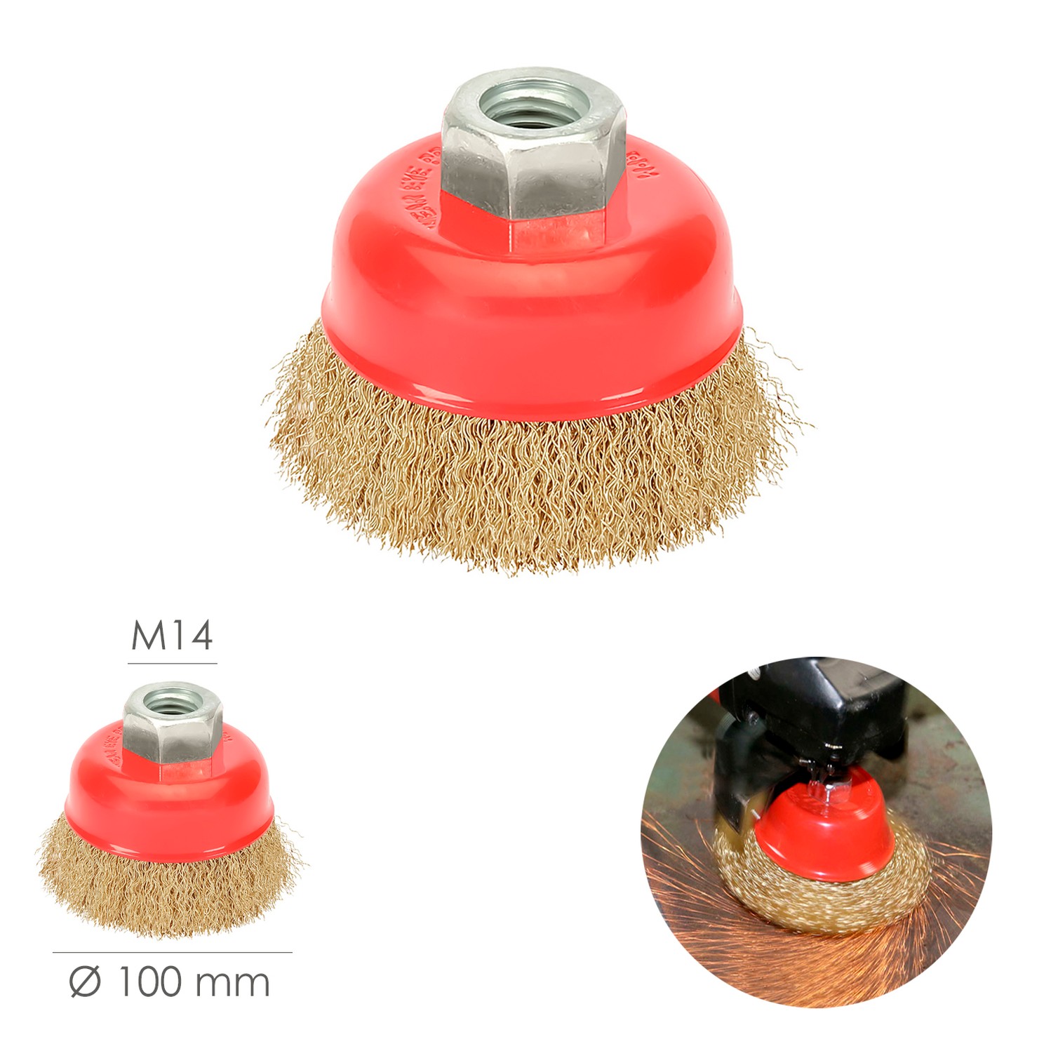 Cepillo Taza Con Alambre De Acero Latonado Rosca M14, Ø 100 mm. Alambre de Ø 0,30 mm.
