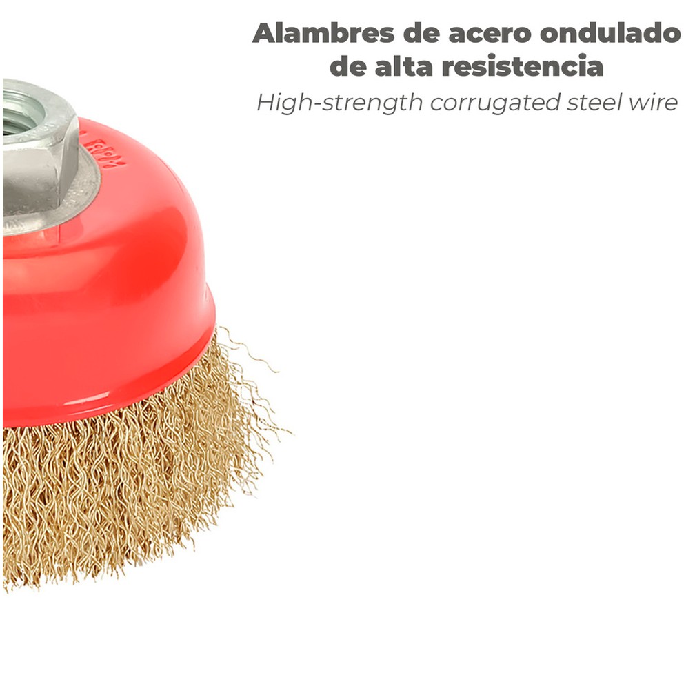 Cepillo Taza Con Alambre De Acero Latonado Rosca M14, Ø 100 mm. Alambre de Ø 0,30 mm.