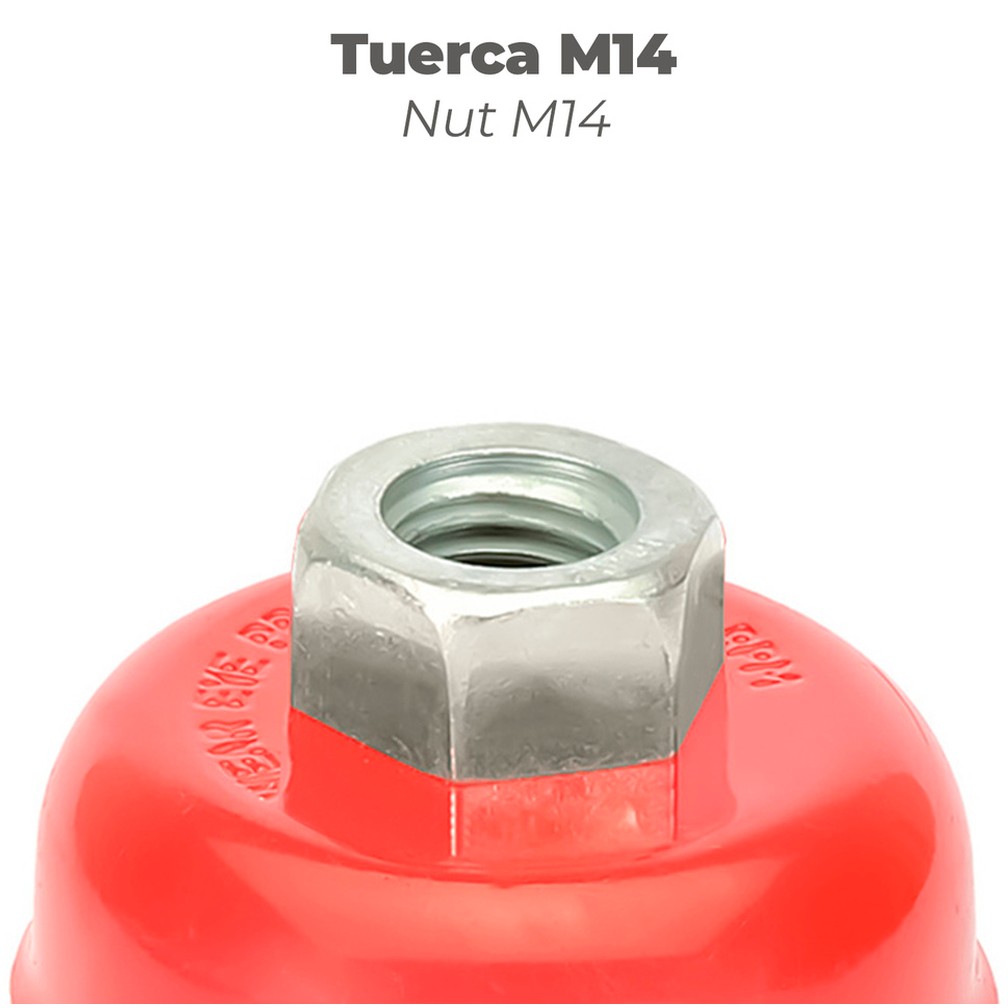 Cepillo Taza Con Alambre De Acero Latonado Rosca M14, Ø 100 mm. Alambre de Ø 0,30 mm.