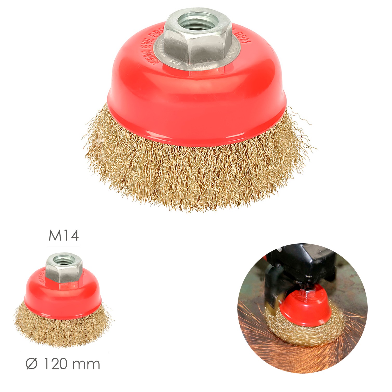 Cepillo Taza Con Alambre De Acero Latonado Rosca M14, Ø 120 mm. Alambre de Ø 0,30 mm.