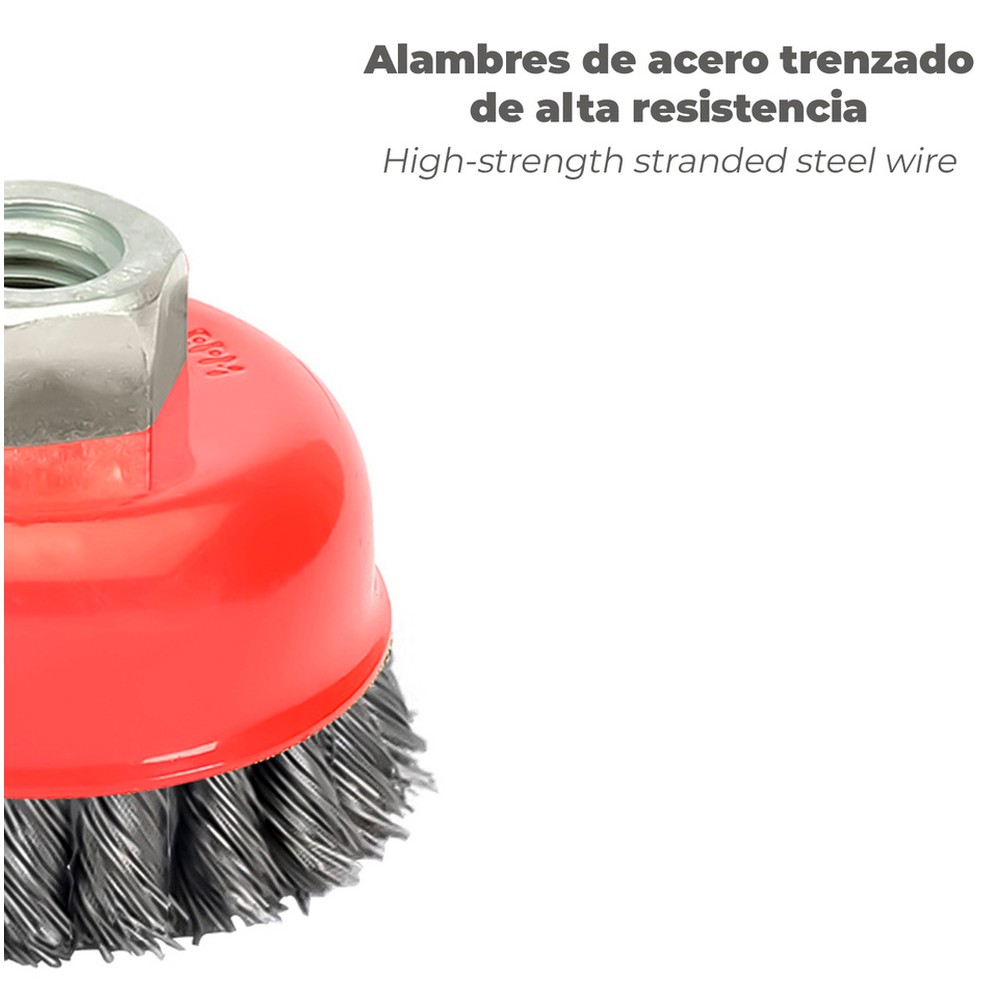 Cepillo Taza Con Alambre De Acero Trenzado Rosca M14, Ø 75 mm. Alambre de Ø 0,50 mm.