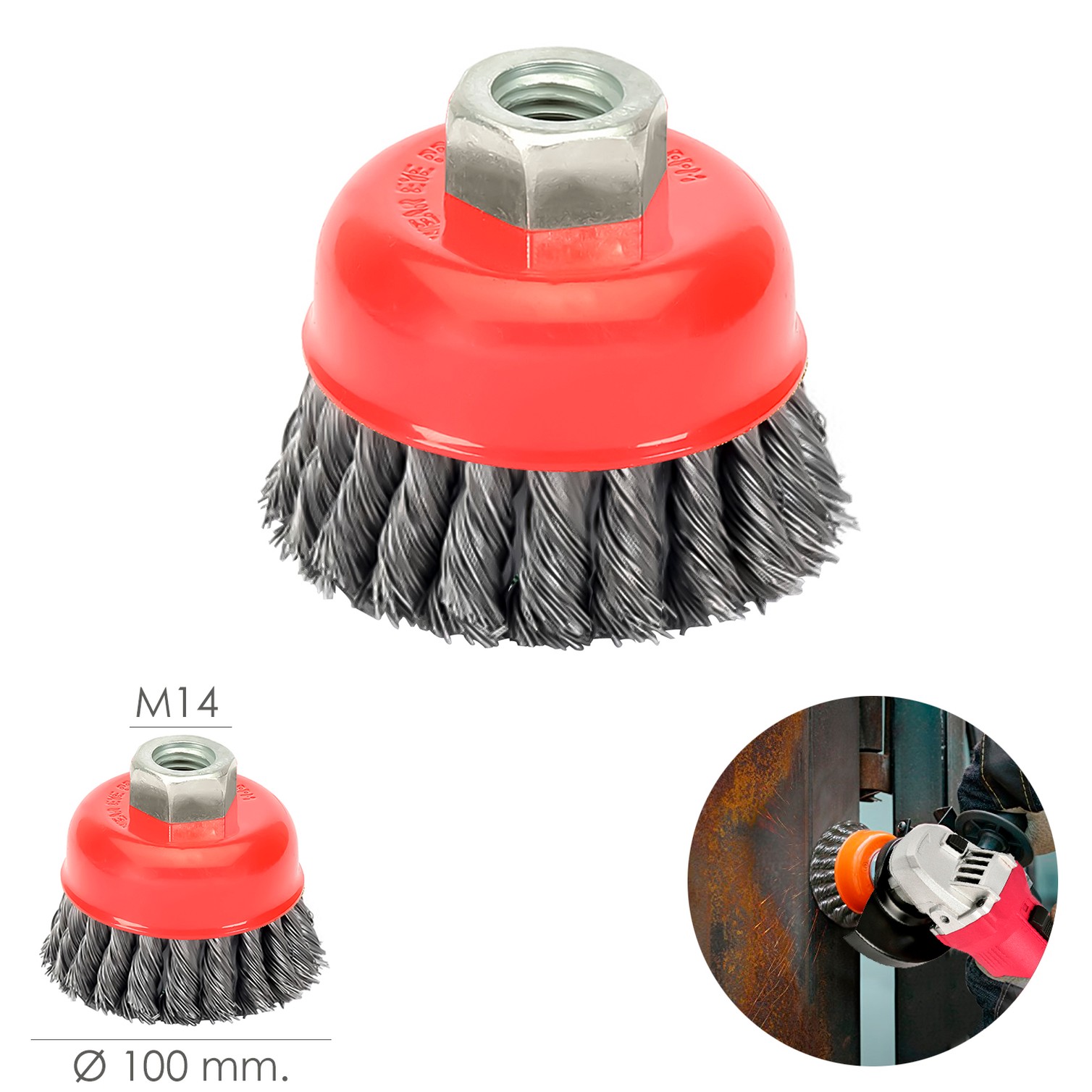 Cepillo Taza Con Alambre De Acero Trenzado Rosca M14, Ø 100 mm. Alambre de Ø 0,50 mm.