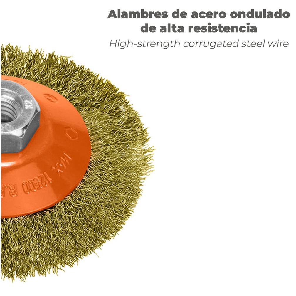 Cepillo Oblicuo Con Alambre De Acero Latonado Rosca M14, Ø 100 mm. Alambre de Ø 0,30 mm.