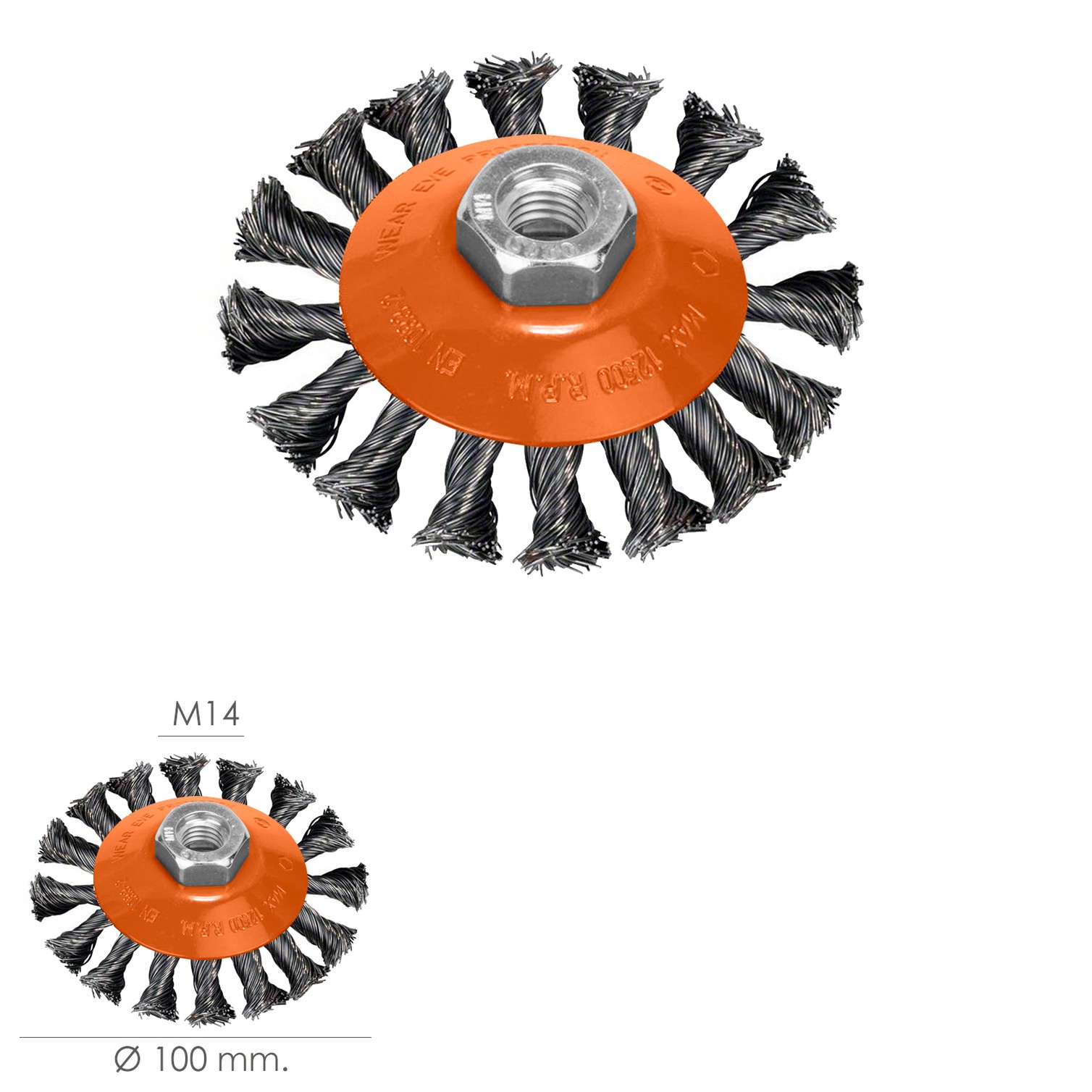 Cepillo Oblicuo Con Alambre De Acero Trenazdo Rosca M14, Ø 100 mm. Alambre de Ø 0,30 mm.