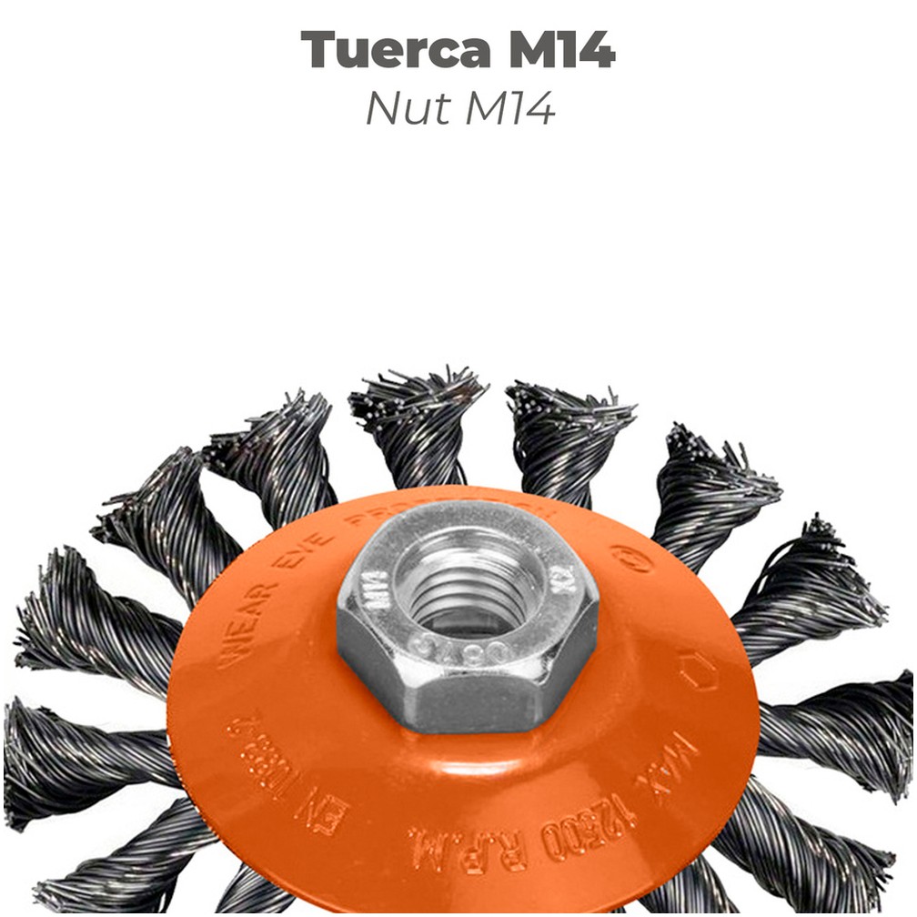 Cepillo Oblicuo Con Alambre De Acero Trenazdo Rosca M14, Ø 100 mm. Alambre de Ø 0,30 mm.
