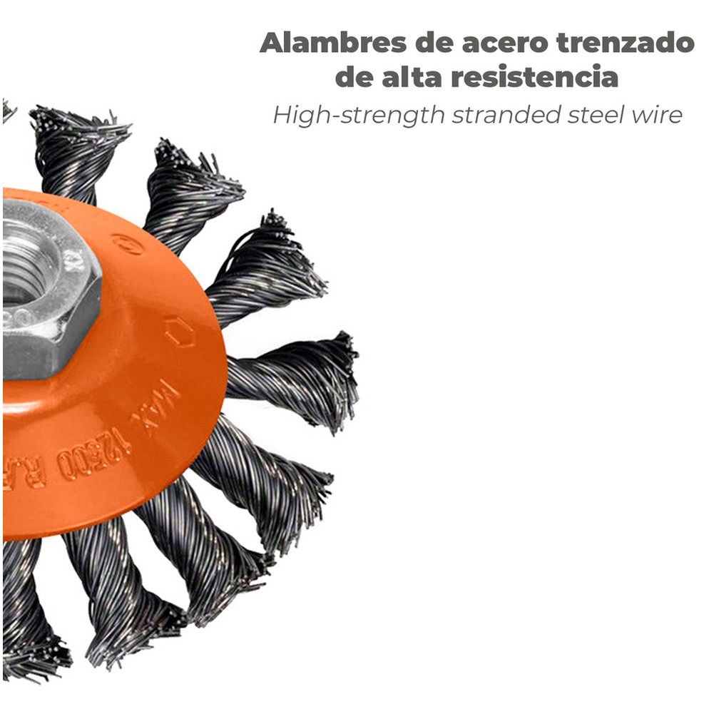 Cepillo Oblicuo Con Alambre De Acero Trenazdo Rosca M14, Ø 100 mm. Alambre de Ø 0,30 mm.