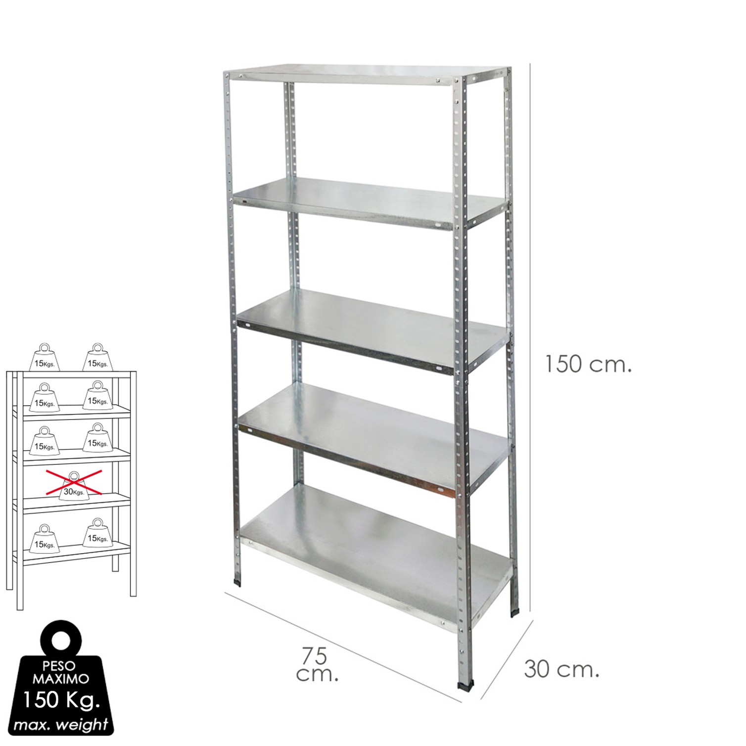 Estanteria Acero Galvanizado con 5 Baldas 150x75x30 cm. Baldas ajustables. Peso maximo 150 Kg.