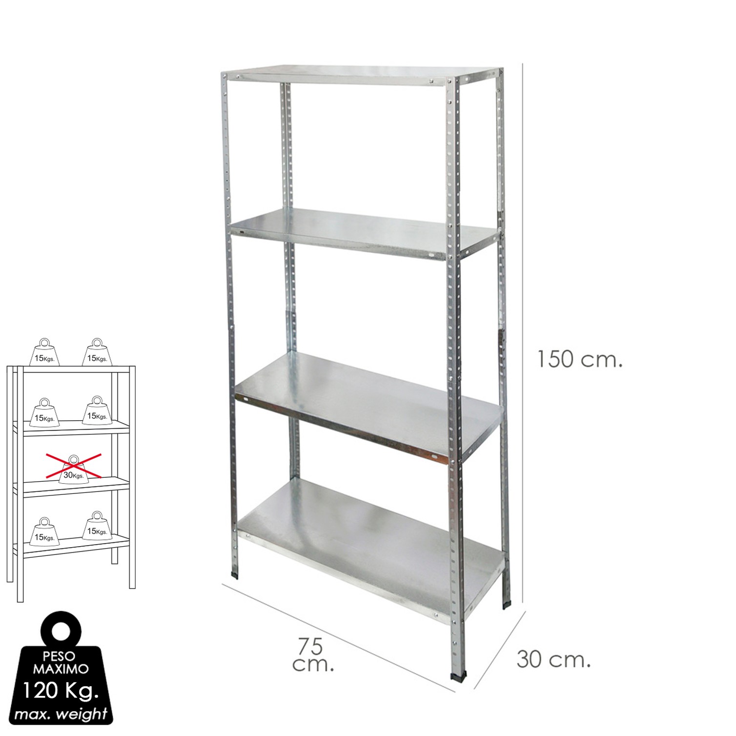 Estanteria Acero Galvanizado con 4 Baldas 150x75x30 cm. Baldas ajustables. Peso maximo 120 Kg.
