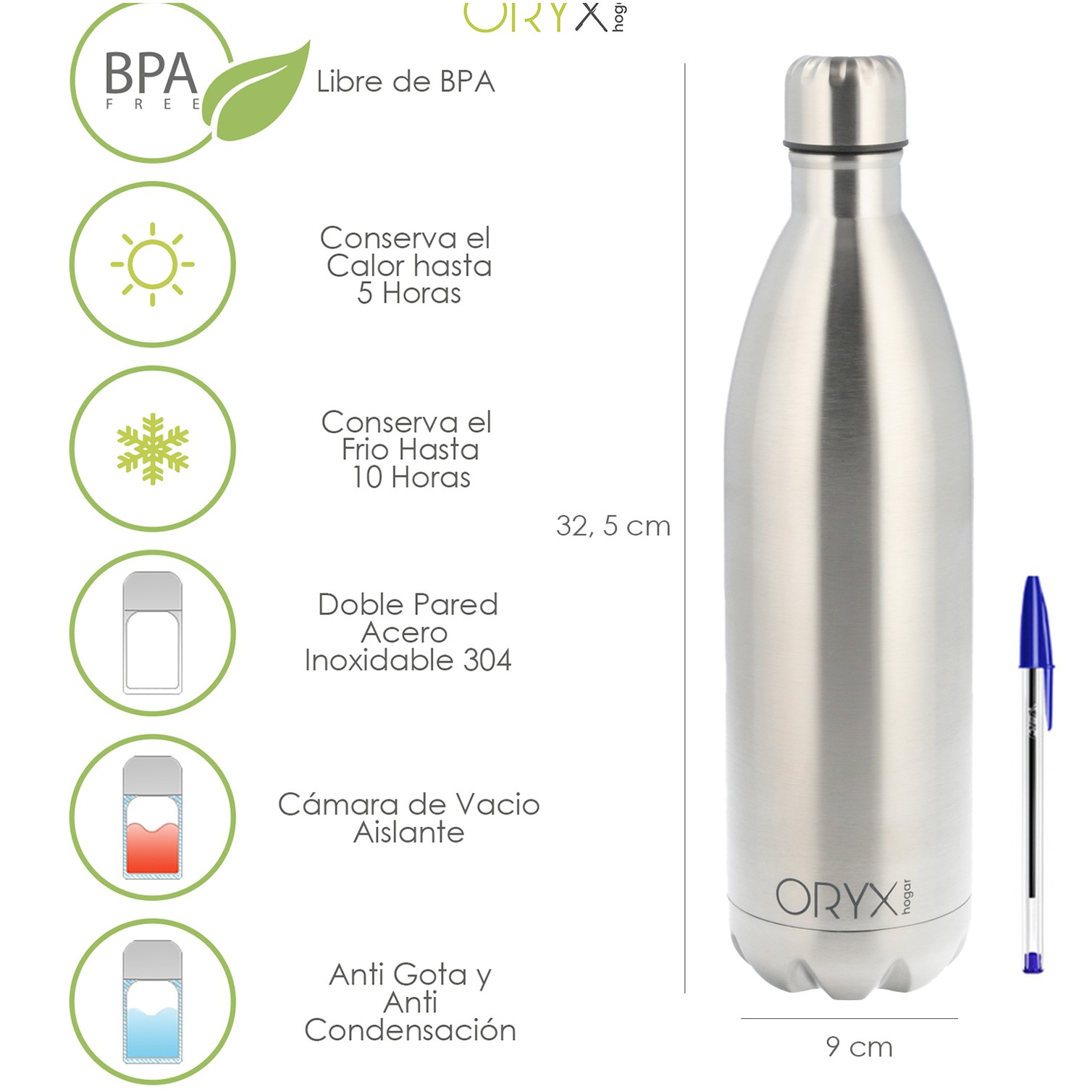 Botella Termica, Capacidad De 1000 ML. Libre BPA, Acero Inoxidable, Antigoteo