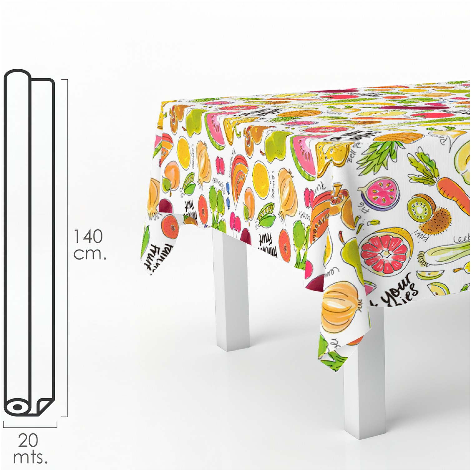 Mantel Hule Rectangular Frutas Fantasia. Impermeable Antimanchas PVC 140 cm. x 20 metros. Rollo Recortable. Interior y Exterior
