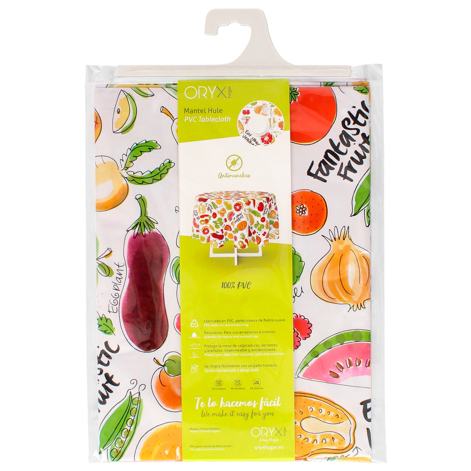 Mantel Hule Redondo Frutas Fantasia Impermeable Antimanchas PVC Ø 140 cm. Uso Interior y Exterior