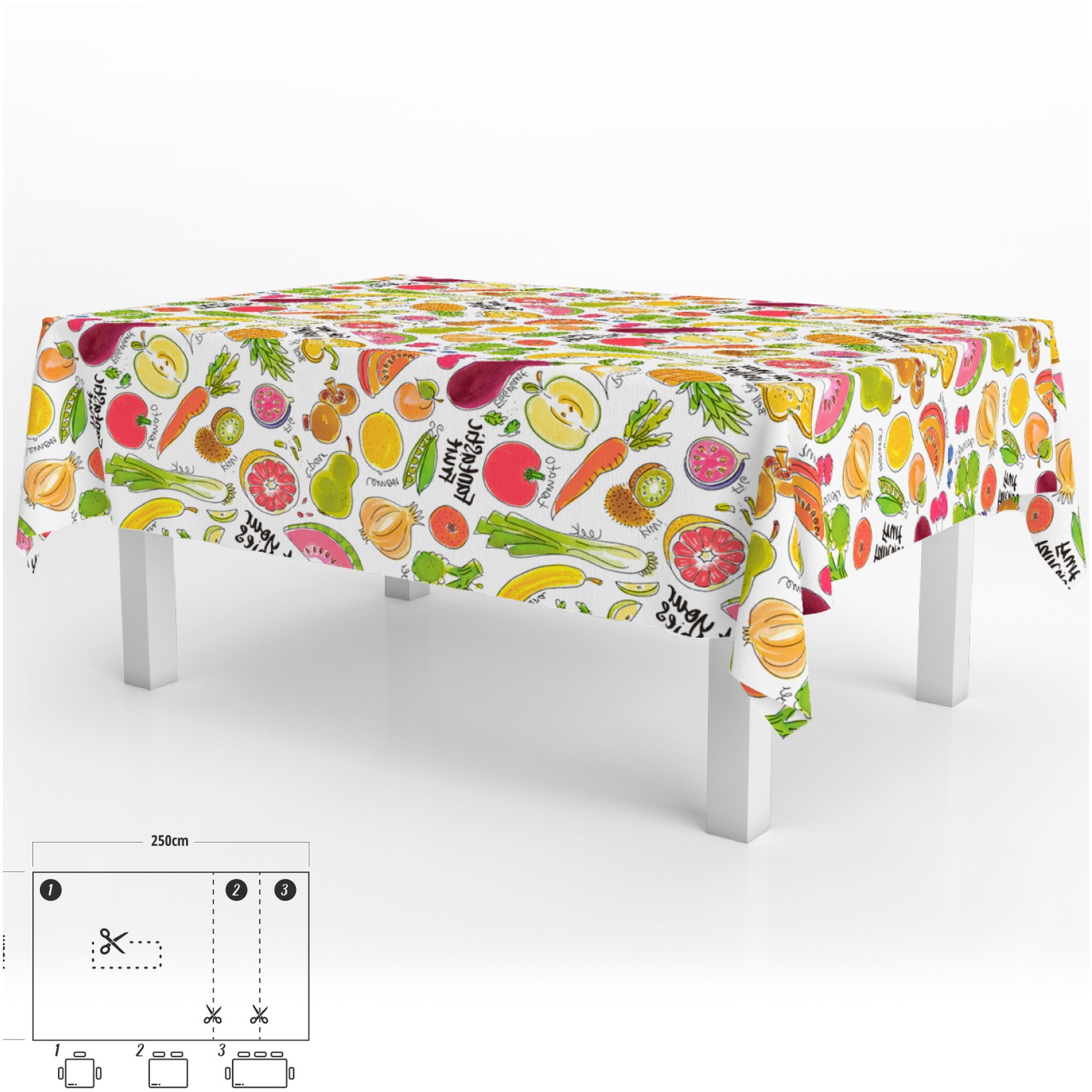 Mantel Hule Rectangular Frutas Fantasia Impermeable Antimanchas PVC 140x250 cm. Recortable Uso Interior y Exterior