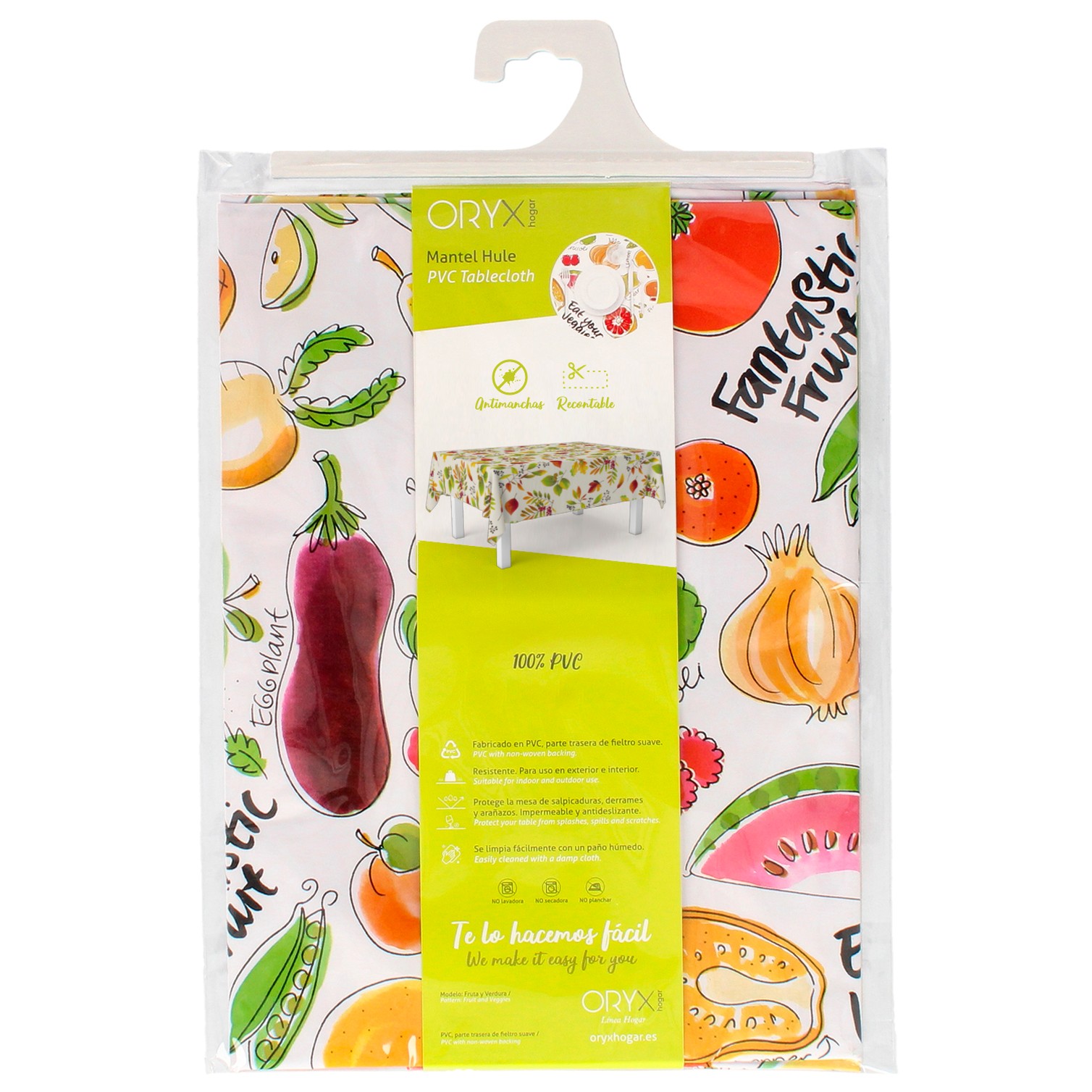 Mantel Hule Rectangular Frutas Fantasia Impermeable Antimanchas PVC 140x250 cm. Recortable Uso Interior y Exterior