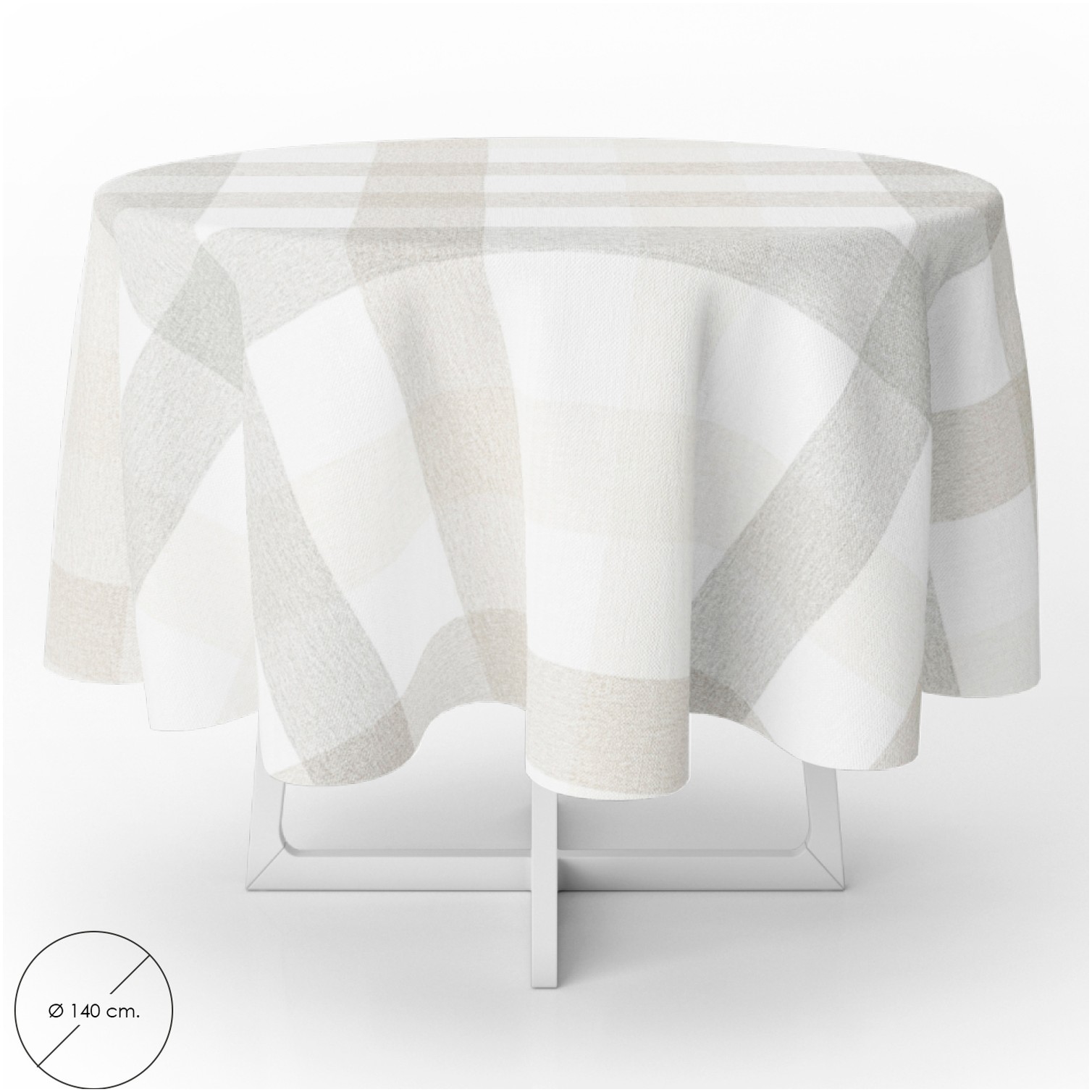 Mantel Hule Redondo Cuadros Beige Impermeable Antimanchas PVC Ø 140 cm. Uso Interior y Exterior