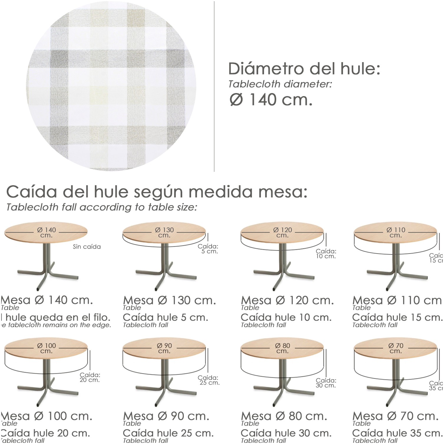 Mantel Hule Redondo Cuadros Beige Impermeable Antimanchas PVC Ø 140 cm. Uso Interior y Exterior