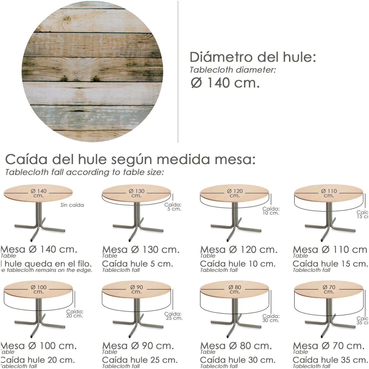 Mantel Hule Redondo Tablones Madera Impermeable Antimanchas PVC Ø 140 cm. Uso Interior y Exterior