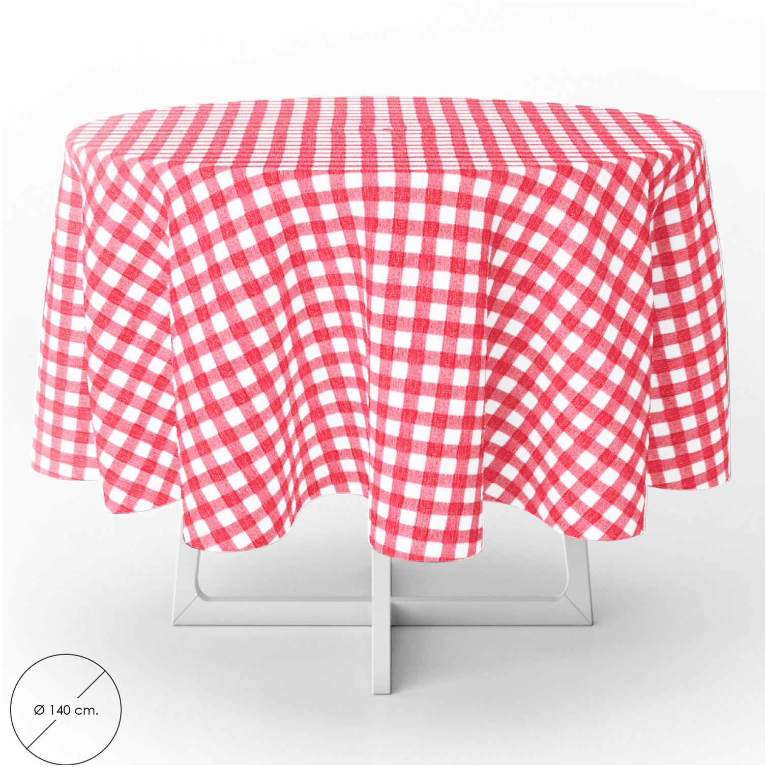 Mantel Hule Redondo Cuadros Rojos Impermeable Antimanchas PVC Ø140 cm. Uso Interior y Exterior