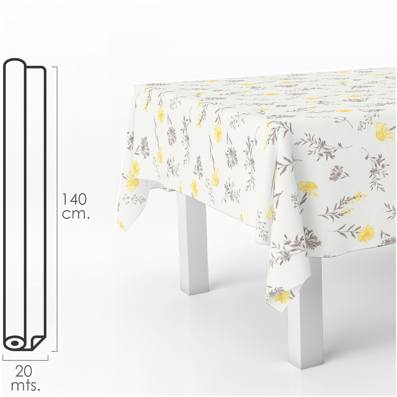 Mantel Hule Rectangular Flores Amarillas. Impermeable Antimanchas PVC 140 cm. x 20 metros. Rollo Recortable. Interior y Exterior