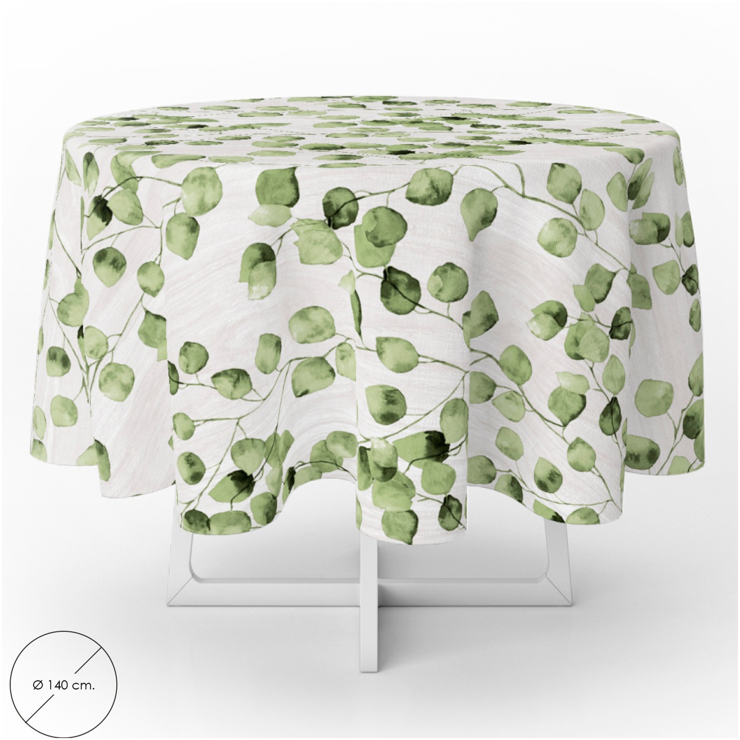 Mantel Hule Redondo Hojas Verdes Impermeable Antimanchas PVC Ø140 cm. Uso Interior y Exterior