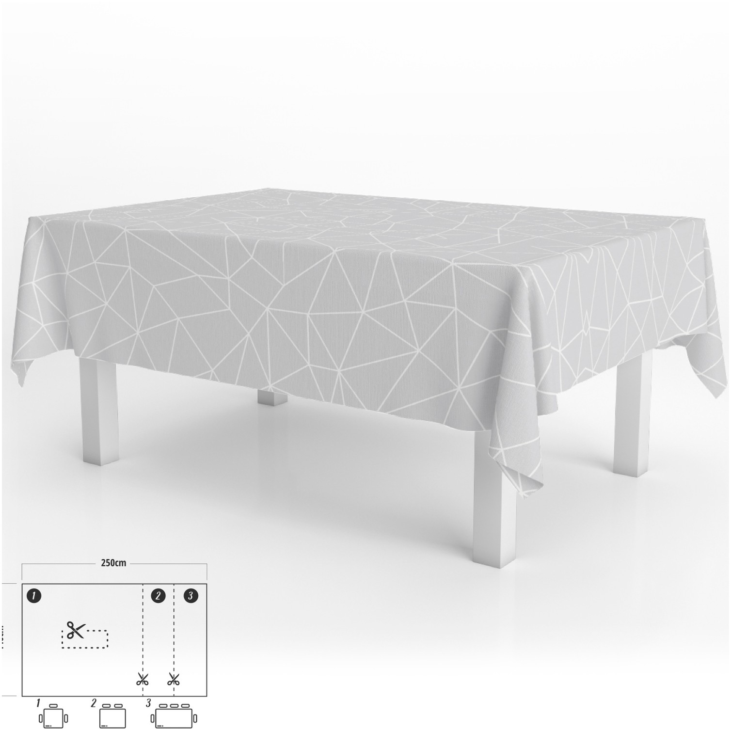 Mantel Hule Rectangular Geométrico Gris Impermeable Antimanchas PVC 140x250 cm. Recortable Uso Interior y Exterior
