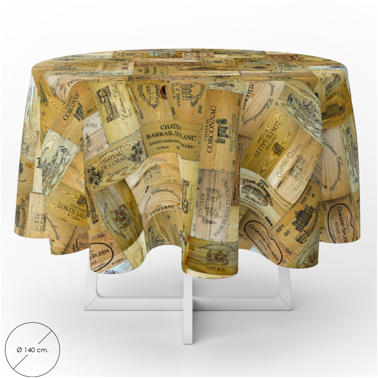 Mantel Hule Redondo Tablones Vino Impermeable Antimanchas PVC Ø 140 cm. Uso Interior y Exterior