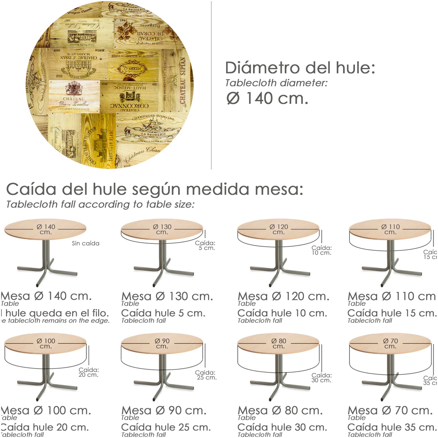 Mantel Hule Redondo Tablones Vino Impermeable Antimanchas PVC Ø 140 cm. Uso Interior y Exterior