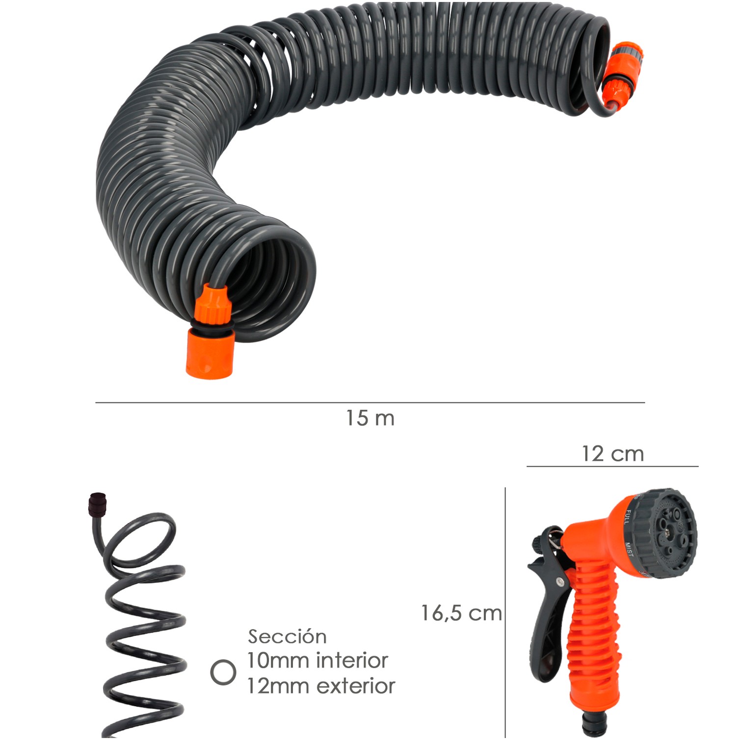 Manguera Extensible Espiral Autoenroscable Para Riego Jardin 15 MetrosCon Pistola y Conectores