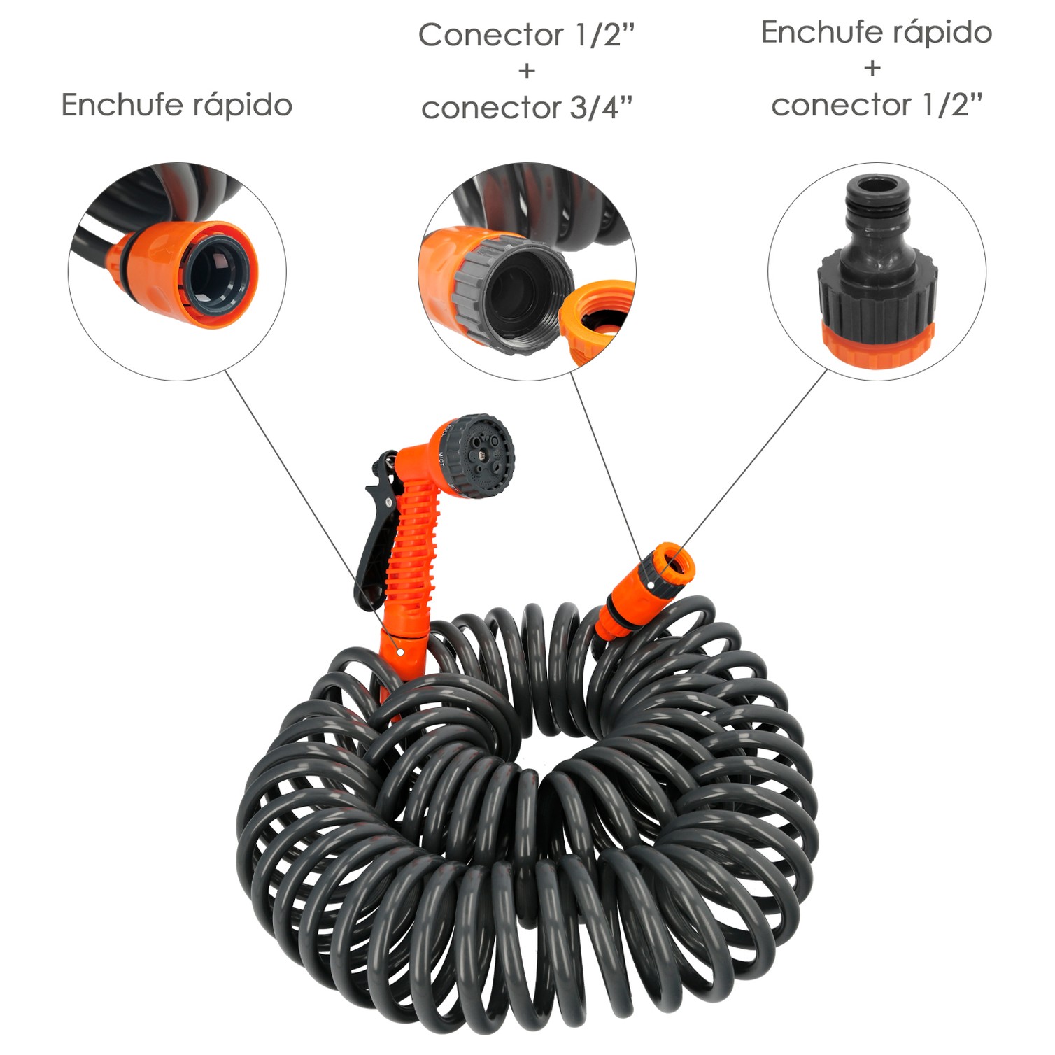 Manguera Extensible Espiral Autoenroscable Para Riego Jardin 15 MetrosCon Pistola y Conectores