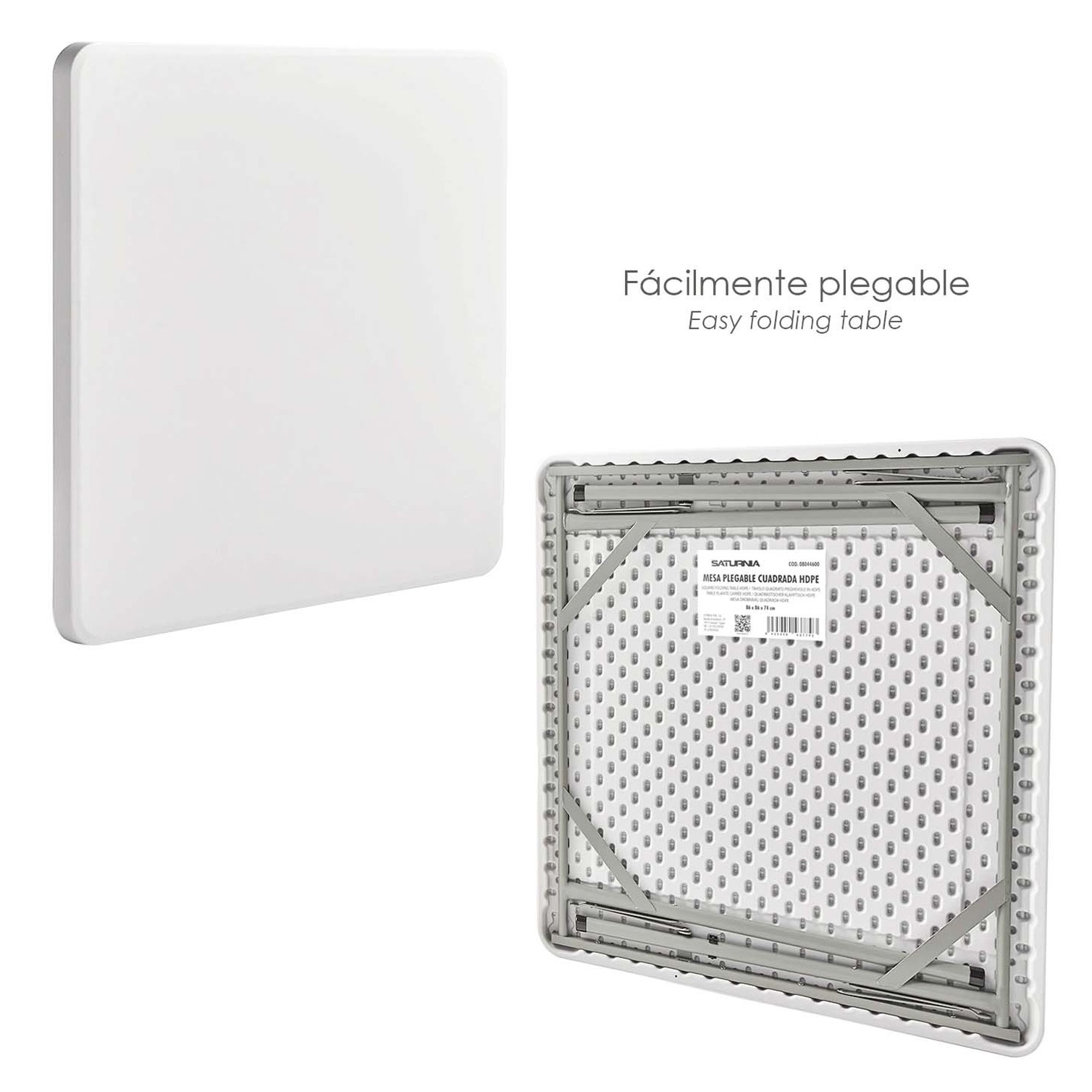 Mesa Plegable Cuadrada HDPE Multifuncional, Portatil, Resistente,Multiusos 86x86x74 cm. Color Blanco