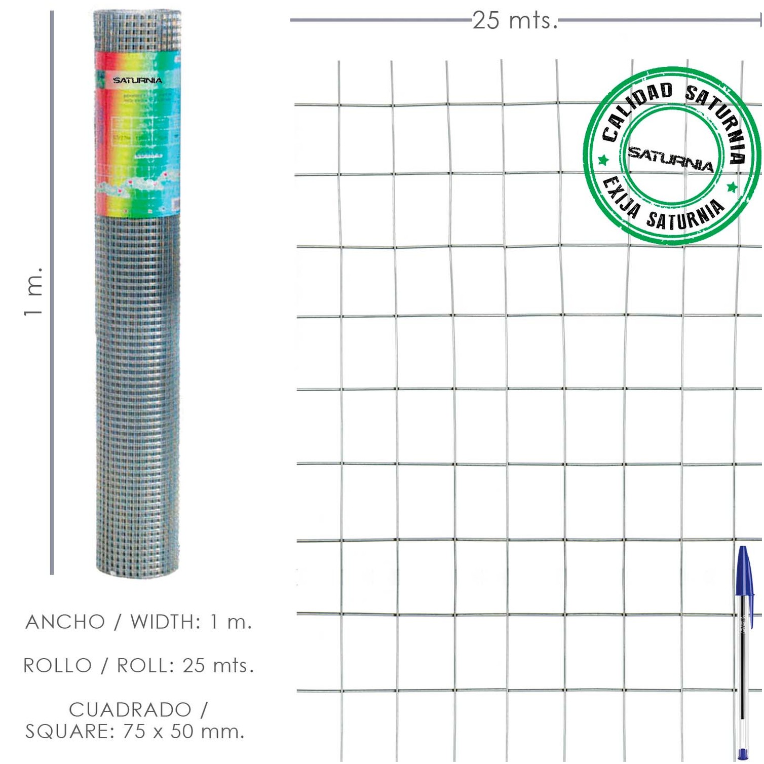 Malla Electrosoldada Galvanizada 75x50 / 1,80 / 100 cm. GA Rollo 25 metros